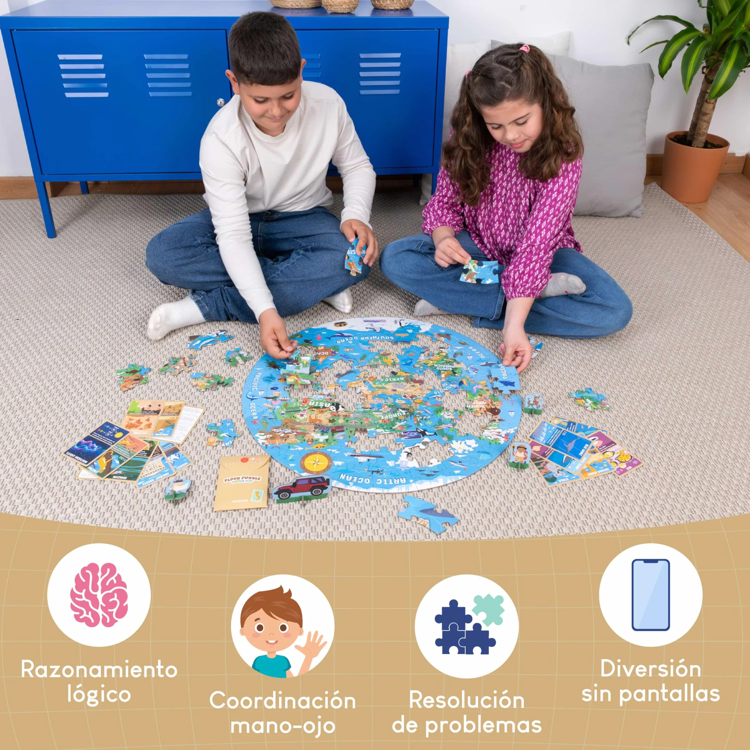 BONNYCO Puzzle XXL Mapa Mundi Niños con 70 Piezas Grandes. Rompecabezas Redondo con Animales, 58 x 58 cm, 15 Tarjetas, 4 Figuras y Guía. Juegos Educativos, Regalos, Juguetes Niños 4 Años