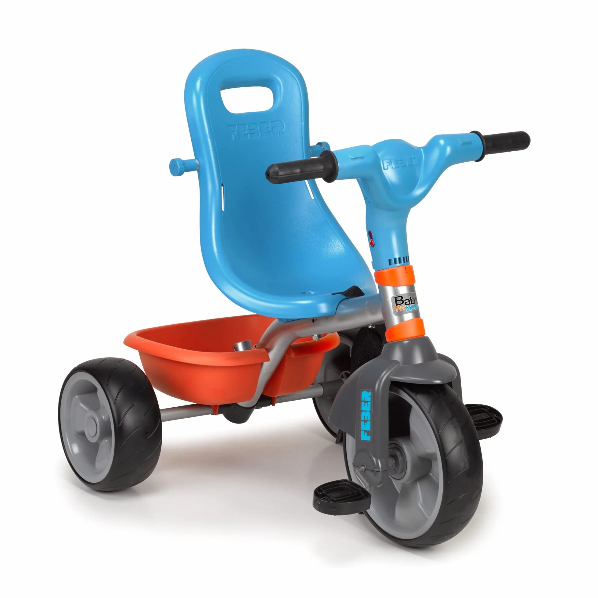 FEBER - Baby Plus Music, Triciclo para Niños con Estructura Metálica y Cinturón de Seguridad, 2 Posiciones, Silla de Empuje y Mando para Música con Altavoz, 9 Meses+, Azul, Famosa (800012100)