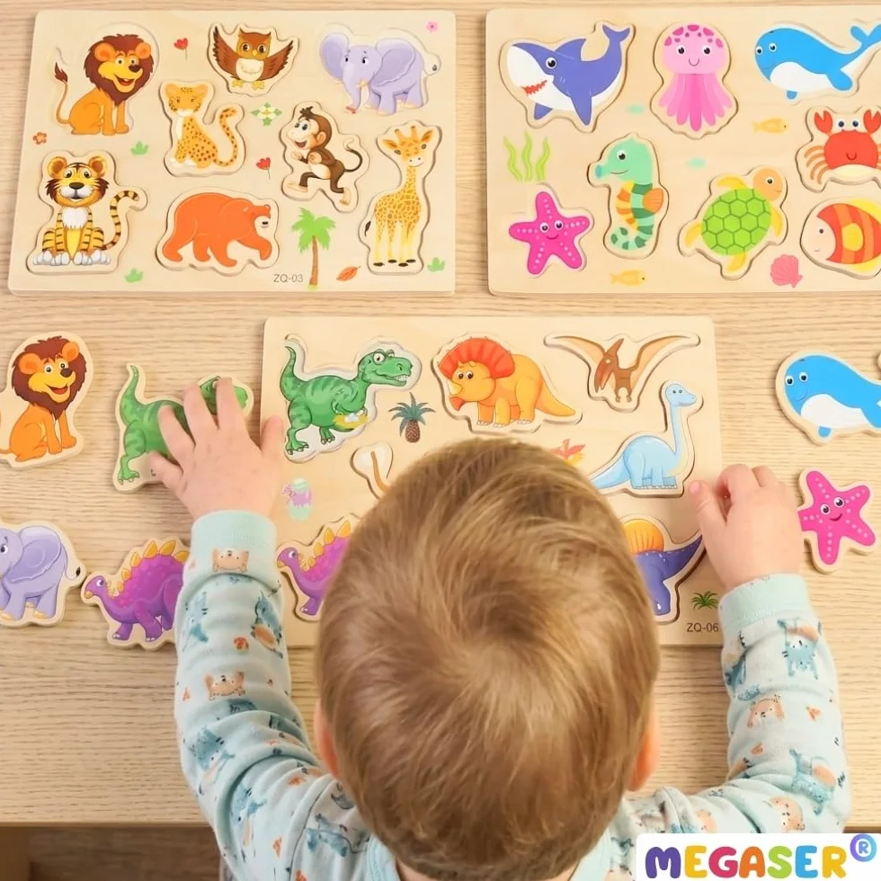 Puzzle Madera Niños 1 2 3 años 24 Animales Coloridos Set 3 Puzzles