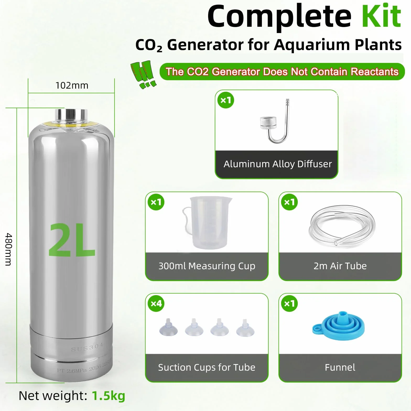 Kit Generador de CO2 para Acuario, Botella 2L Acero Inoxidable con Electroválvula y Contador de Burbujas