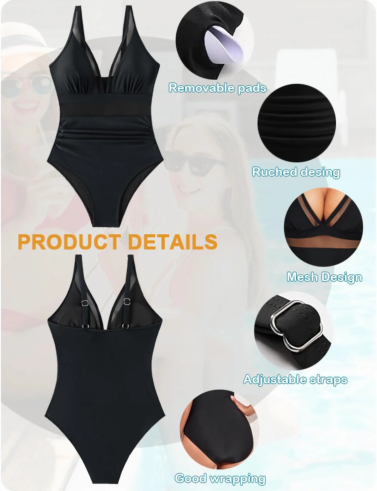 Bañador Reductor Vientre Plano Mujer Push Up Malla Cuello en V Sexy Traje de Baño