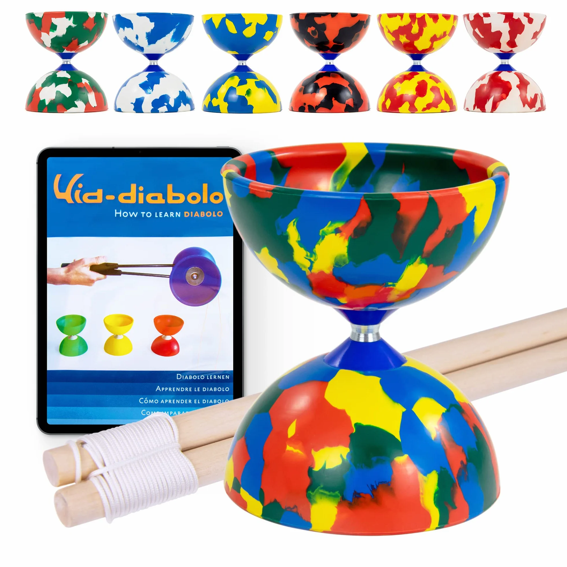 Juggle Dream Jester Diábolo Set para Malabares - Diábolo con Eje Fijo con Palos de Madera y Vídeo de Aprendizaje en Línea (Multicolor)