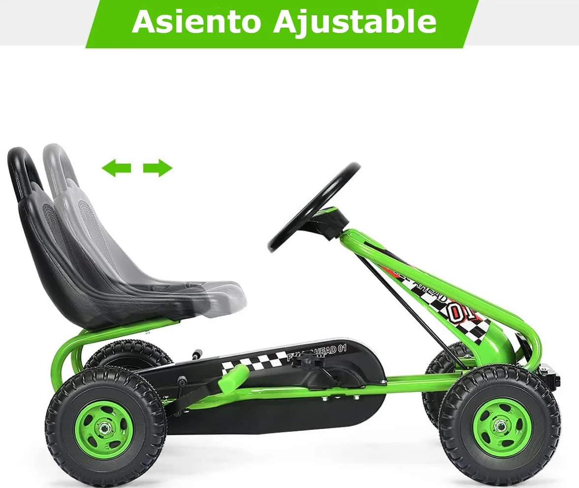 RELAX4LIFE Go Kart para Niños Con Freno de Mano y Asiento Ajustable, Coche de Pedales Con Ruedas Antideslizantes, 3-6 Años, Regalo, Carga 30kg (Verde)