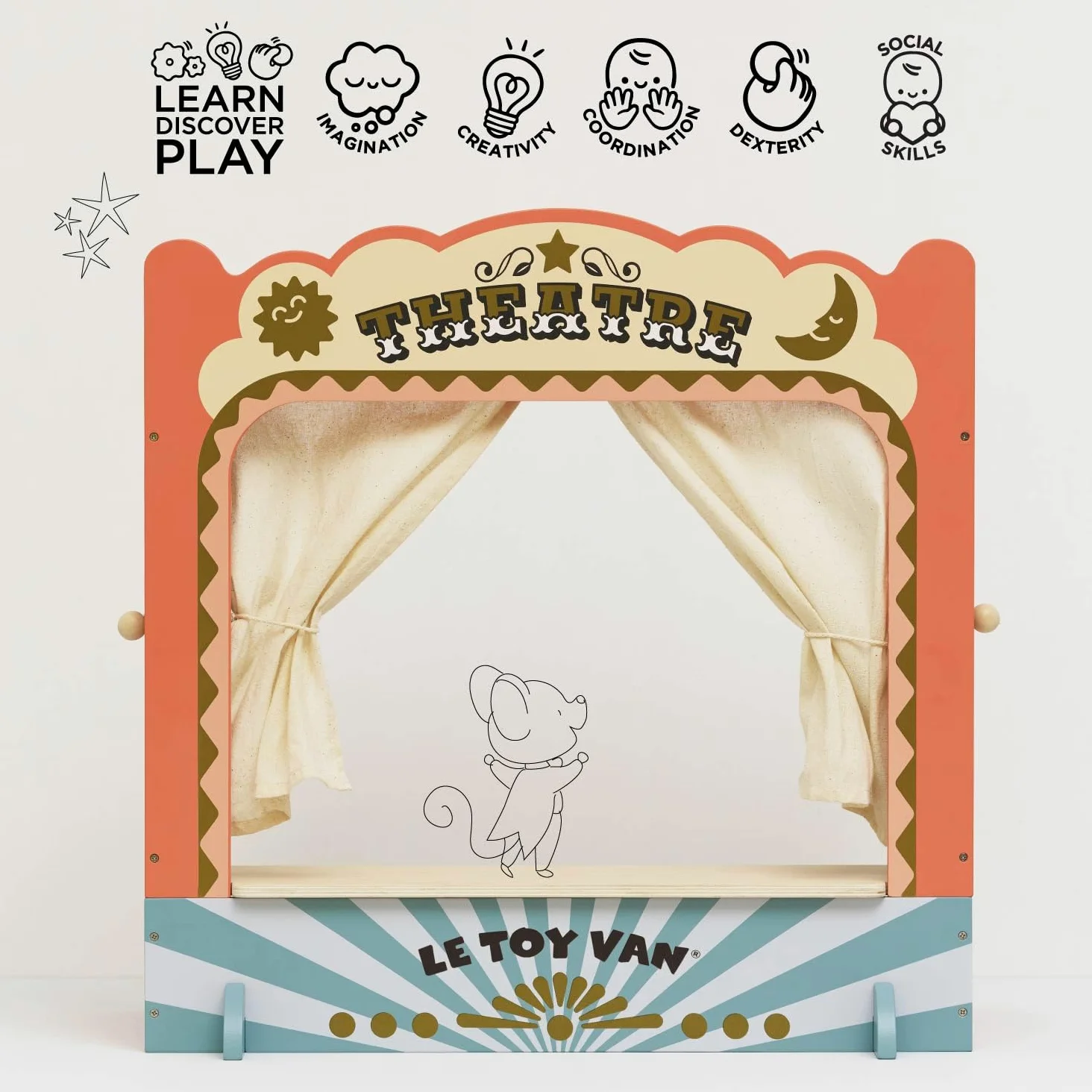 Le Toy Van - TV351 – Teatro Marionetas para niños, a Partir de 3 años, Teatro de Marionetas de Madera de Mesa, Juego de rol, Montessori, Madera FSC ecológica, 52 x 30 x 55 cm