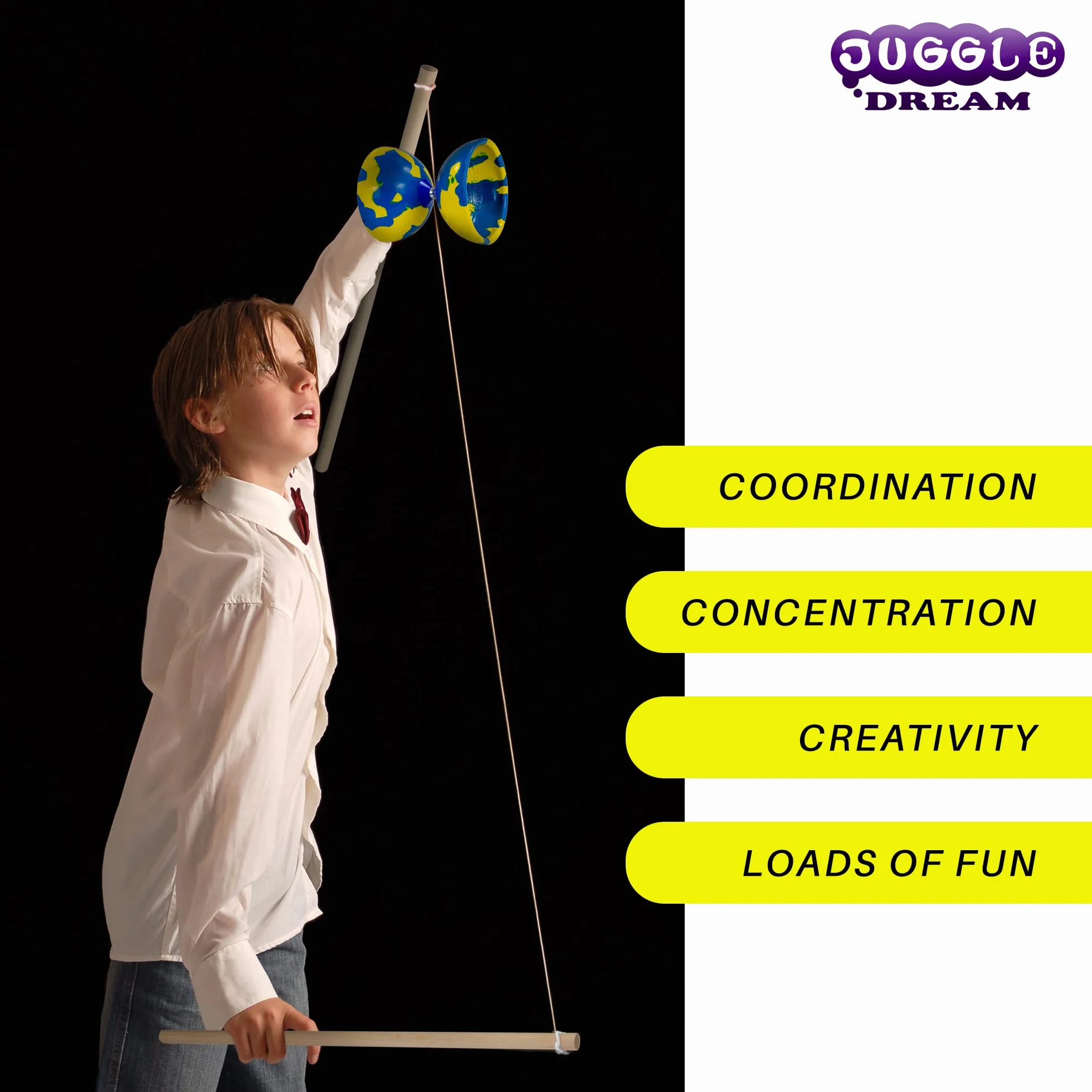 Juggle Dream Jester Diábolo Set para Malabares - Diábolo con Eje Fijo con Palos de Madera y Vídeo de Aprendizaje en Línea (Multicolor)