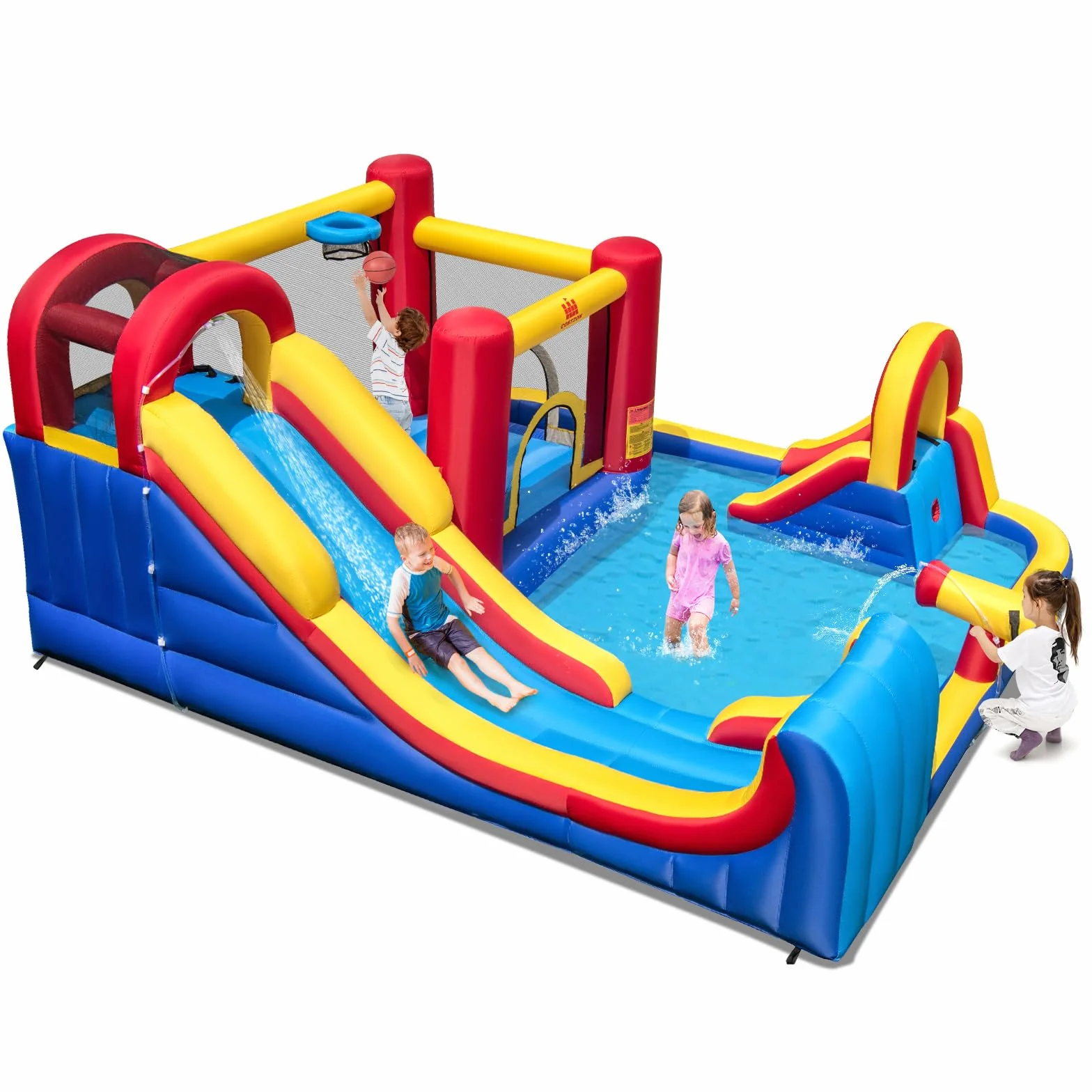 COSTWAY Castillo Hinchable Grande, Parque Acuático Infantil con Doble Tobogán, 2 Piscinas, Área de Salto y Aro de Baloncesto, 450 x 392 x 216 cm, para Jardín Patio, Multicolor (sin Soplador)