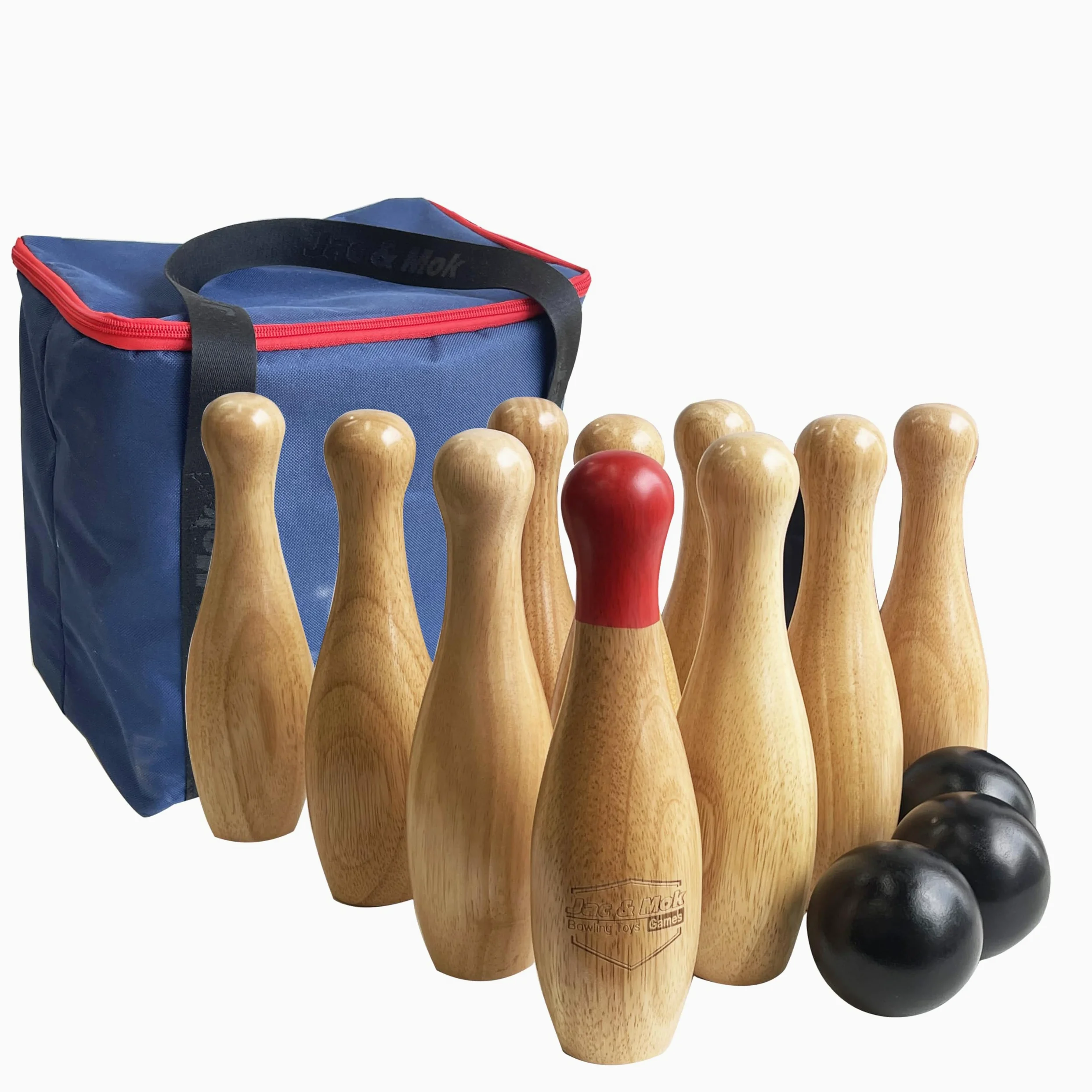 Juego de boliche de madera con botellas de lanzamiento para jardín al aire libre para la familia, juego de bolos con bolsa de transporte (Altura 26 cm, 10 bolos + 3 bolas)