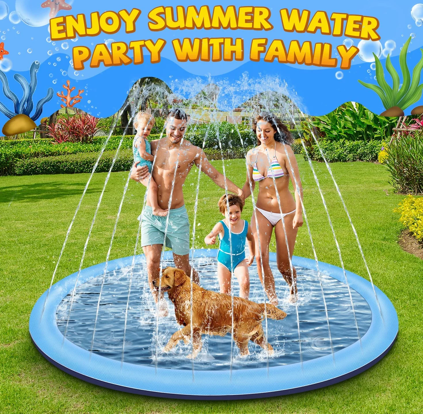 Juegos de Agua para Niños Exterior, Juegos Piscina para Niños, 170CM Splash Pad Juegos Exterior Niños Antideslizante (Azul-170cm)