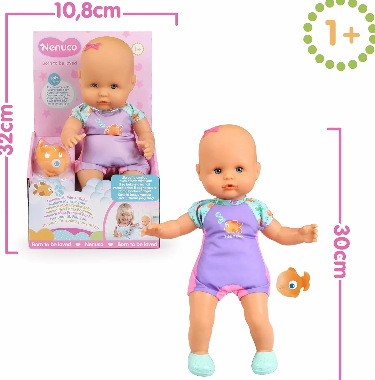 Nenuco - Mi Primer baño, un muñeco blandito de Cuerpo Sumergible, lo Puedes Meter en la bañera, en la Piscina y en el mar. Incluye bañador y un pececito Que se Puede Meter en el Agua (NFN88000)