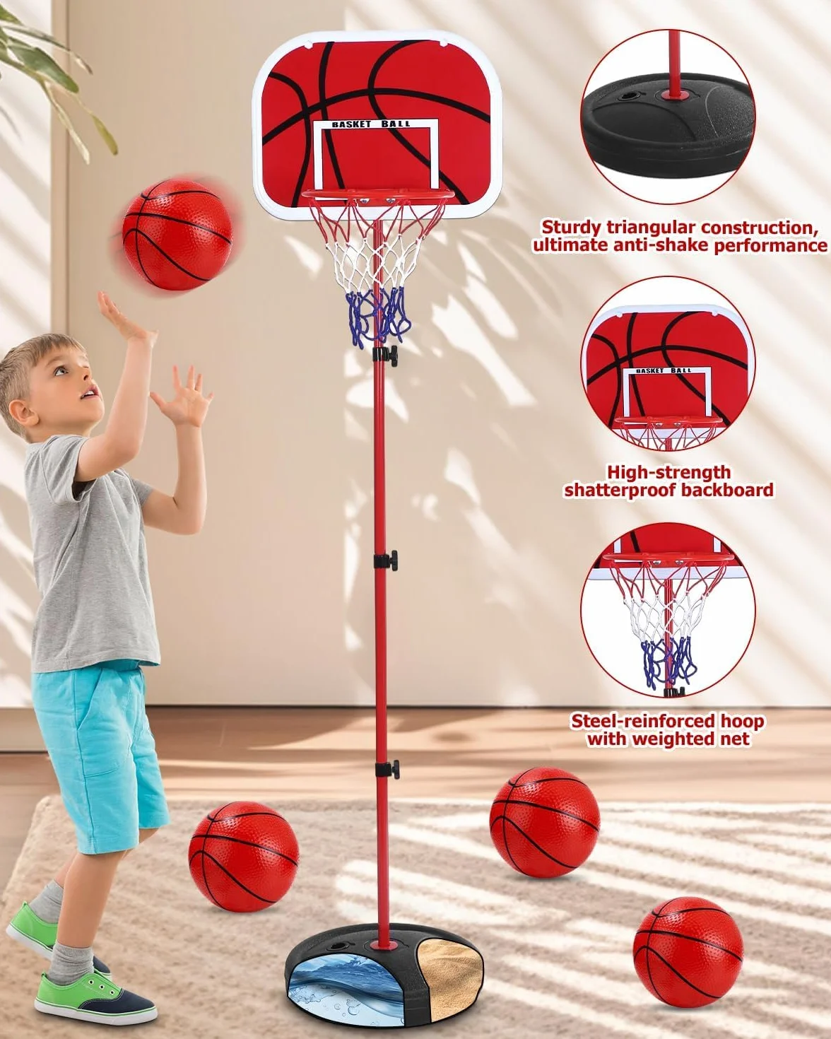 50-150cm Canasta Baloncesto Infantil, Mini Canasta Baloncesto Habitacion con 4 Pelotas De Daloncesto y Bomba, Ajustable Aro De para Interior y Exterior,Mini Juguetes Deportivos