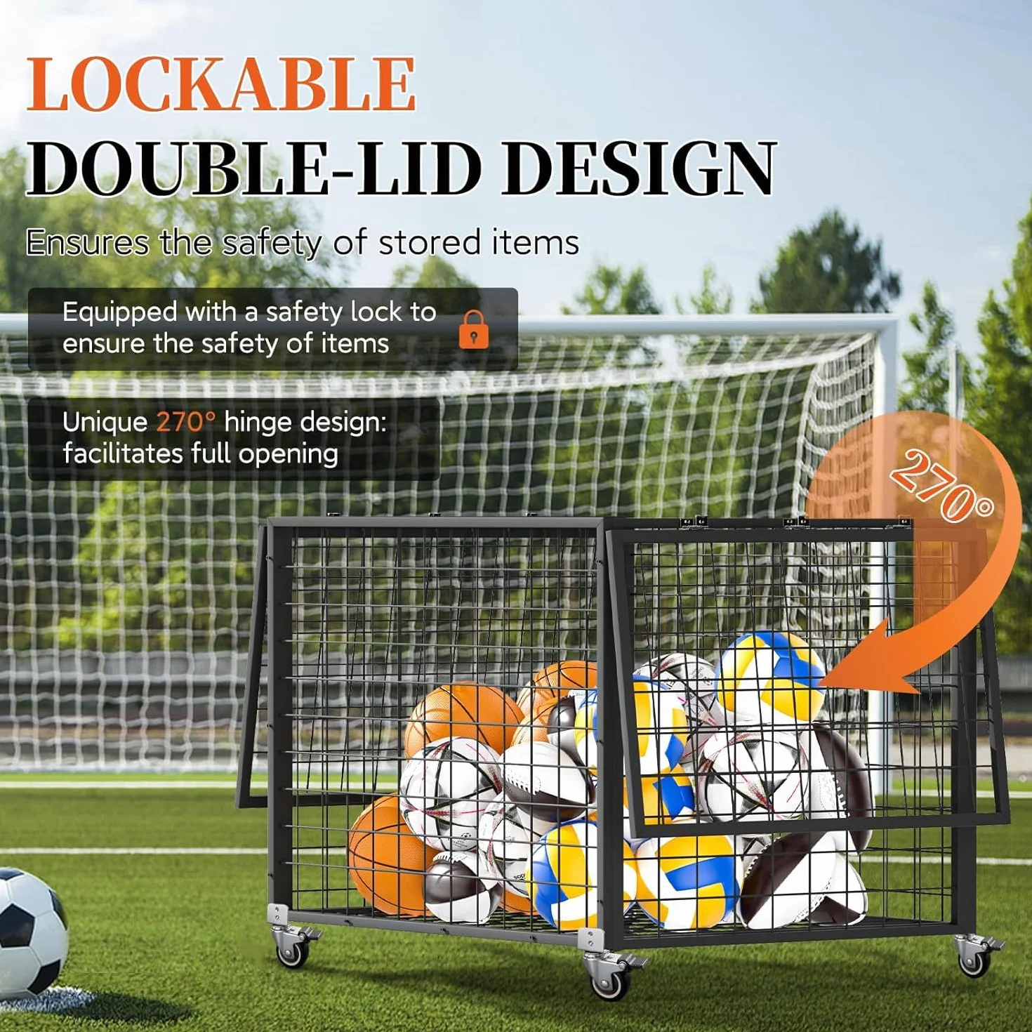Carrito para balones deportivos con doble tapa con cerradura y ruedas para gimnasios, escuelas, clubes, baloncesto para interior y exterior