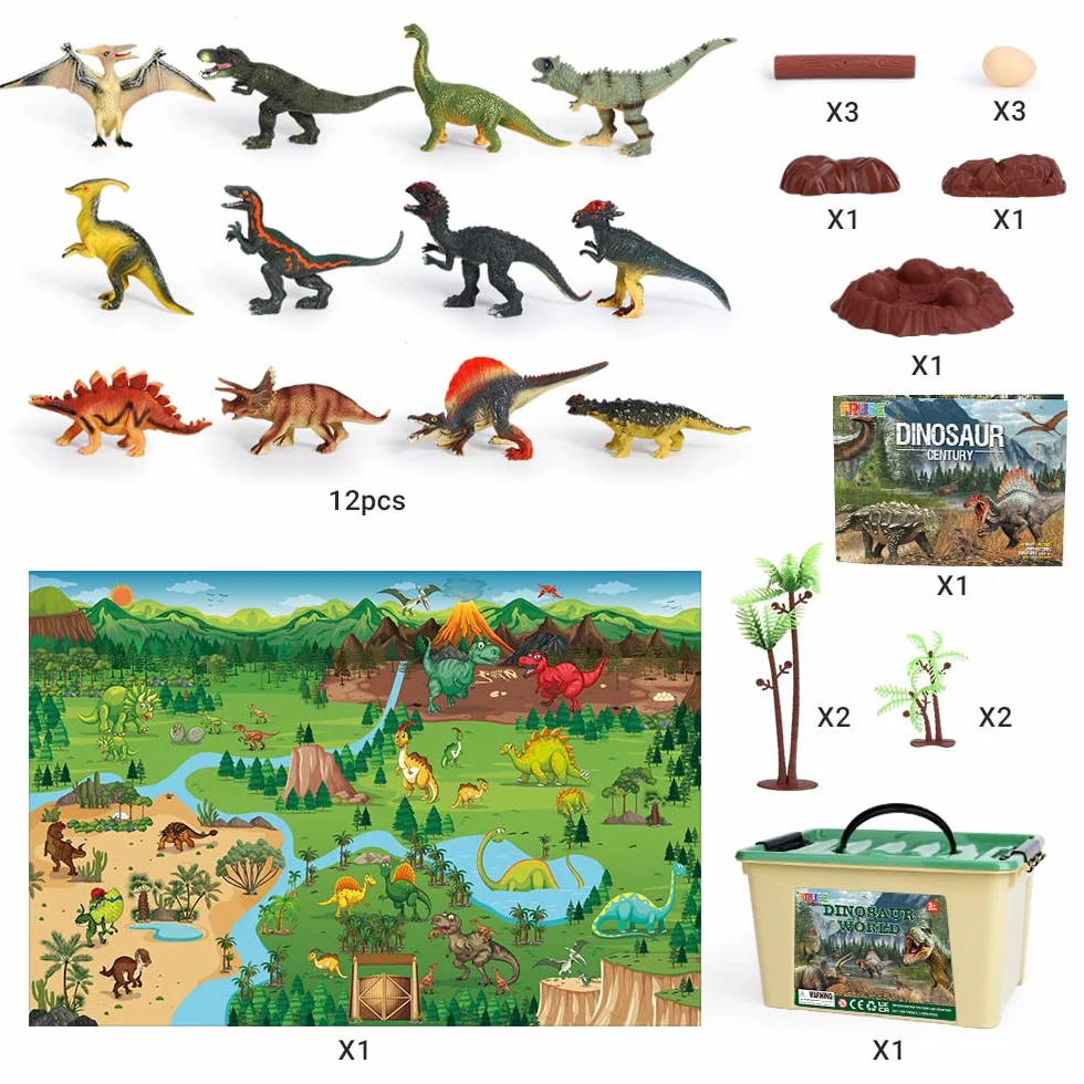 FRUSE Dinosaurios Juguetes con 145x98cm Tapete de Juego,12 Figuras de Dinosaurio Realistas con T-Rex,Carnotaurus,Libro de Dinosaurio,Jurassic Dinosaurios World Regalo para Niños y Niñas 3 4 5 6 7