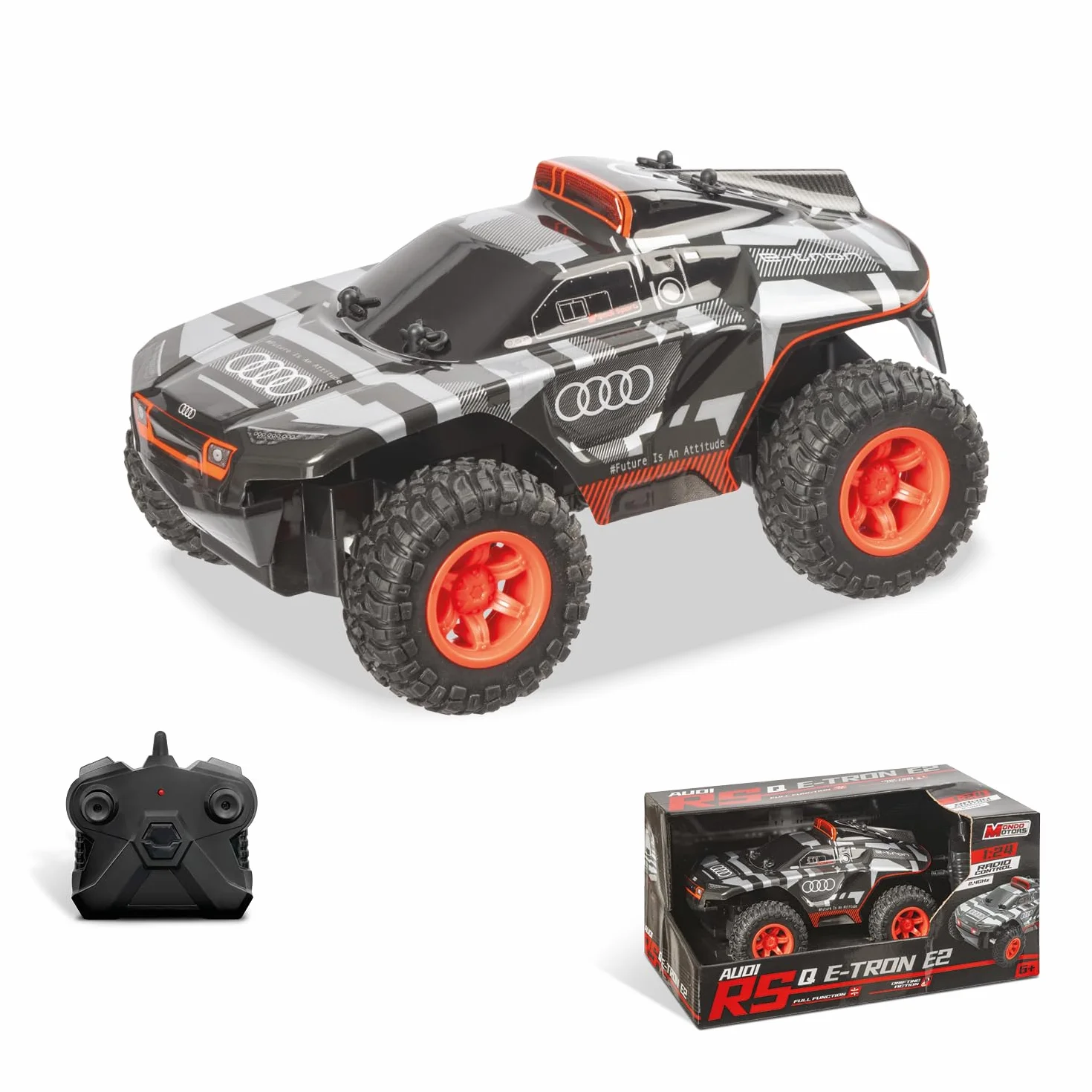 Mondo Motors Audi Q Etron París Dakar, Modelo a Escala 1:24, hasta 8 Km/h de Velocidad, Coche de Juguete para niños 63820, Color Gris