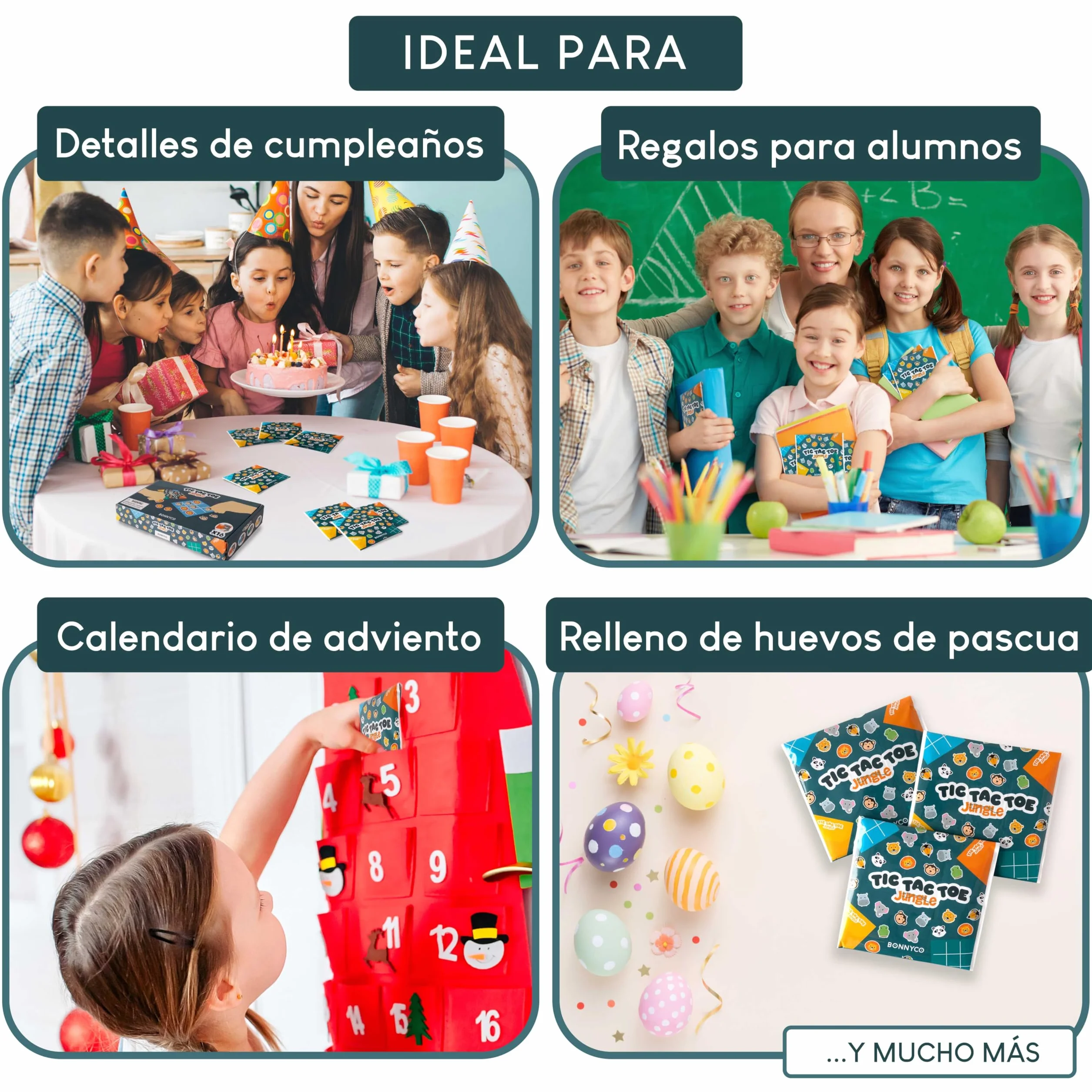 BONNYCO Tres en Raya Niños Animales, Pack 16 Regalos Cumpleaños Colegio, Mini Juegos 3 en Raya