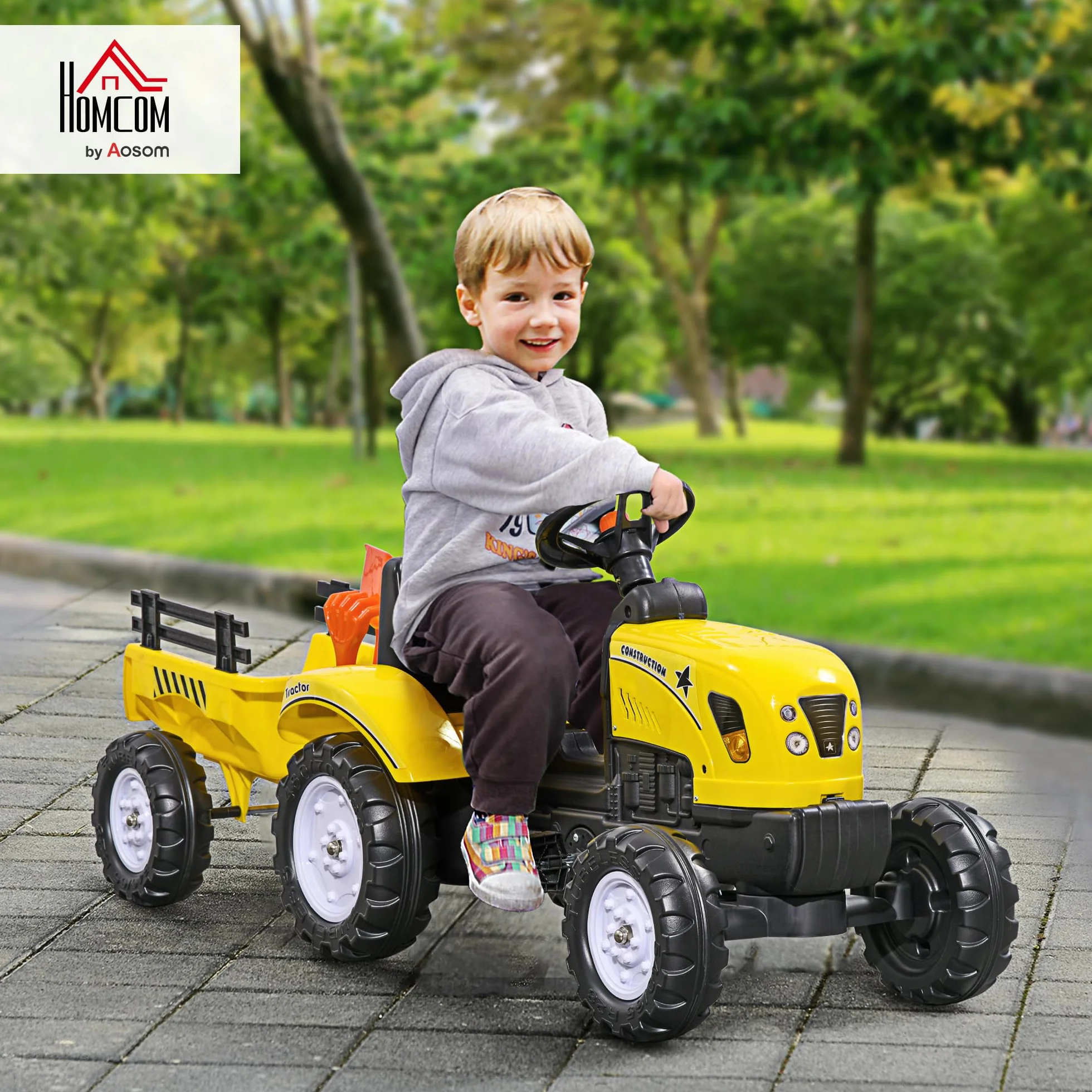 HOMCOM Tractor a Pedales para Niños de 3 Años con Remolque Juguete de Montar Coche de Pedales Carga 35 kg 133x42x51 cm Amarillo