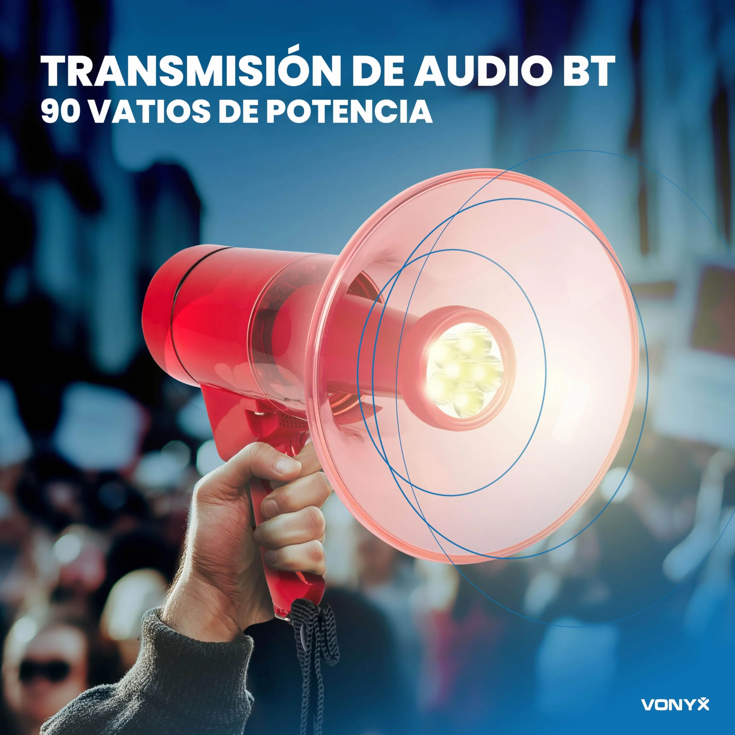 Vonyx MEG050 Megáfono 50W 1000m Alcance Batería Recargable Sirena Micrófono LED Bluetooth MP3 USB SD AUX Rojo