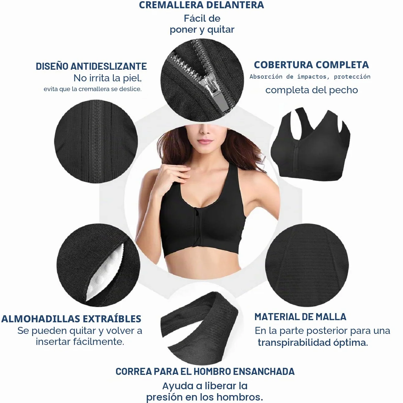 Tuopuda Sujetador Deportivo con Cremallera para Mujer Entrenamiento Alto Impacto Cierre Delantero Soporte Espalda