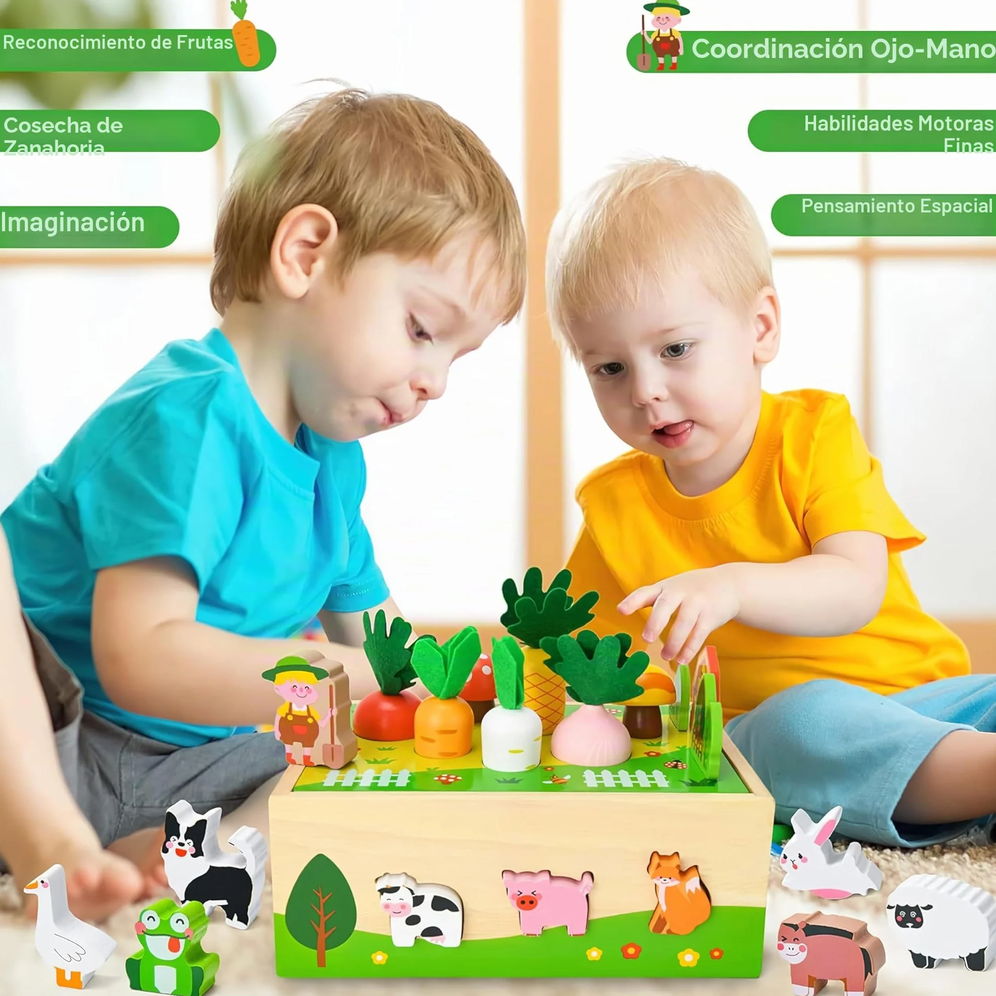 Montessori Juguete de madera para niños de 1, 2 y 3 años, juego de granja con animales y verduras, regalo para niñas y niños