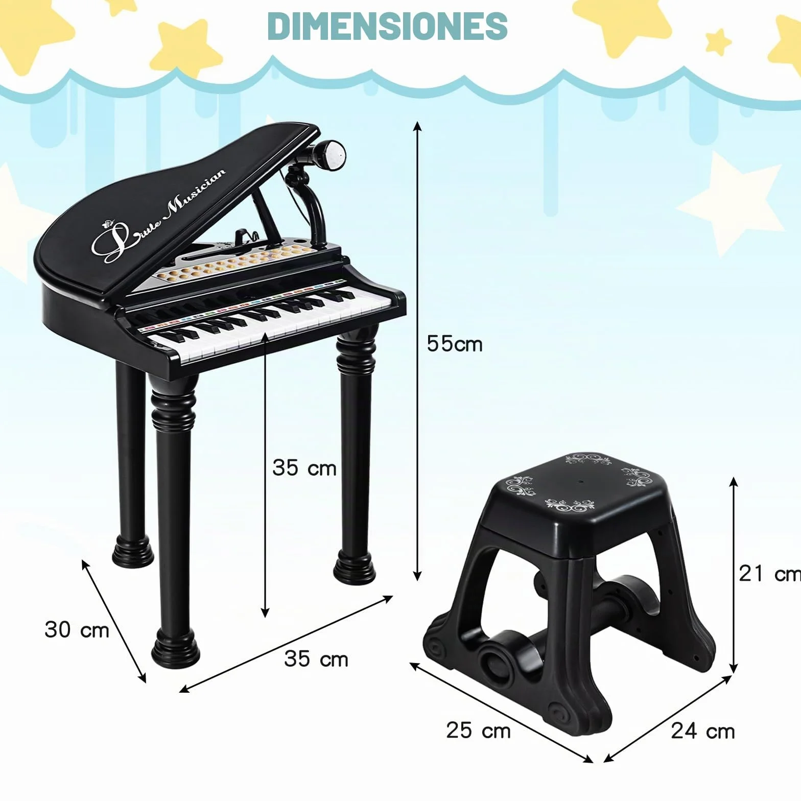 RELAX4LIFE Piano para niños con 31 teclas y taburete, teclado piano electrónico con micrófono ajustable, juguete musical regalo para niños a partir de 3 años (negro)