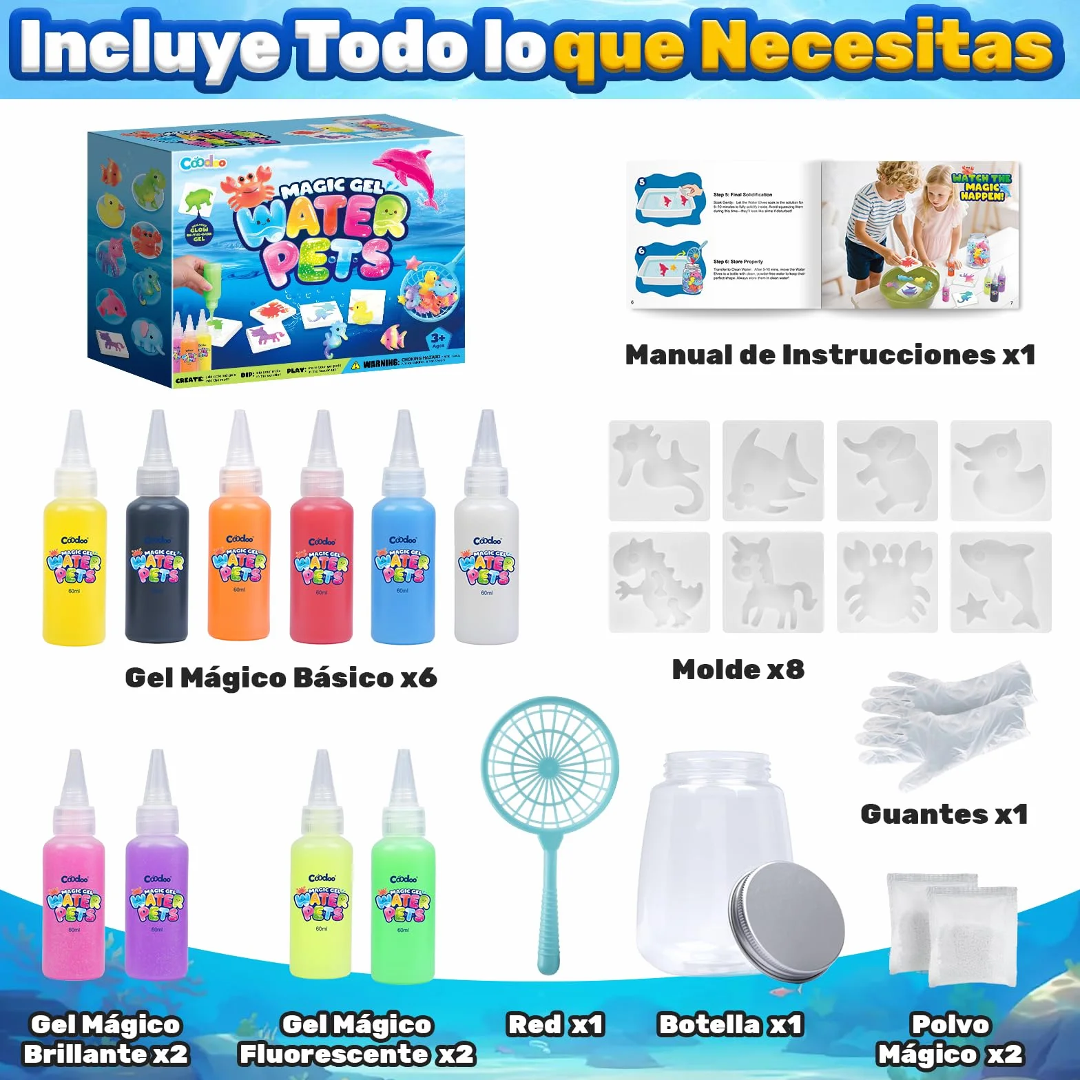Coodoo Aqua Gelz Set, Juguete de Gel de Agua Mágico DIY, Juego de Gel Mágico con 10 Colores y 8 Moldes, Creativo Manualidades Niños, Juguetes Juegos Kit Pintura Regalo para Niños Niñas 3 4 5 6 Años