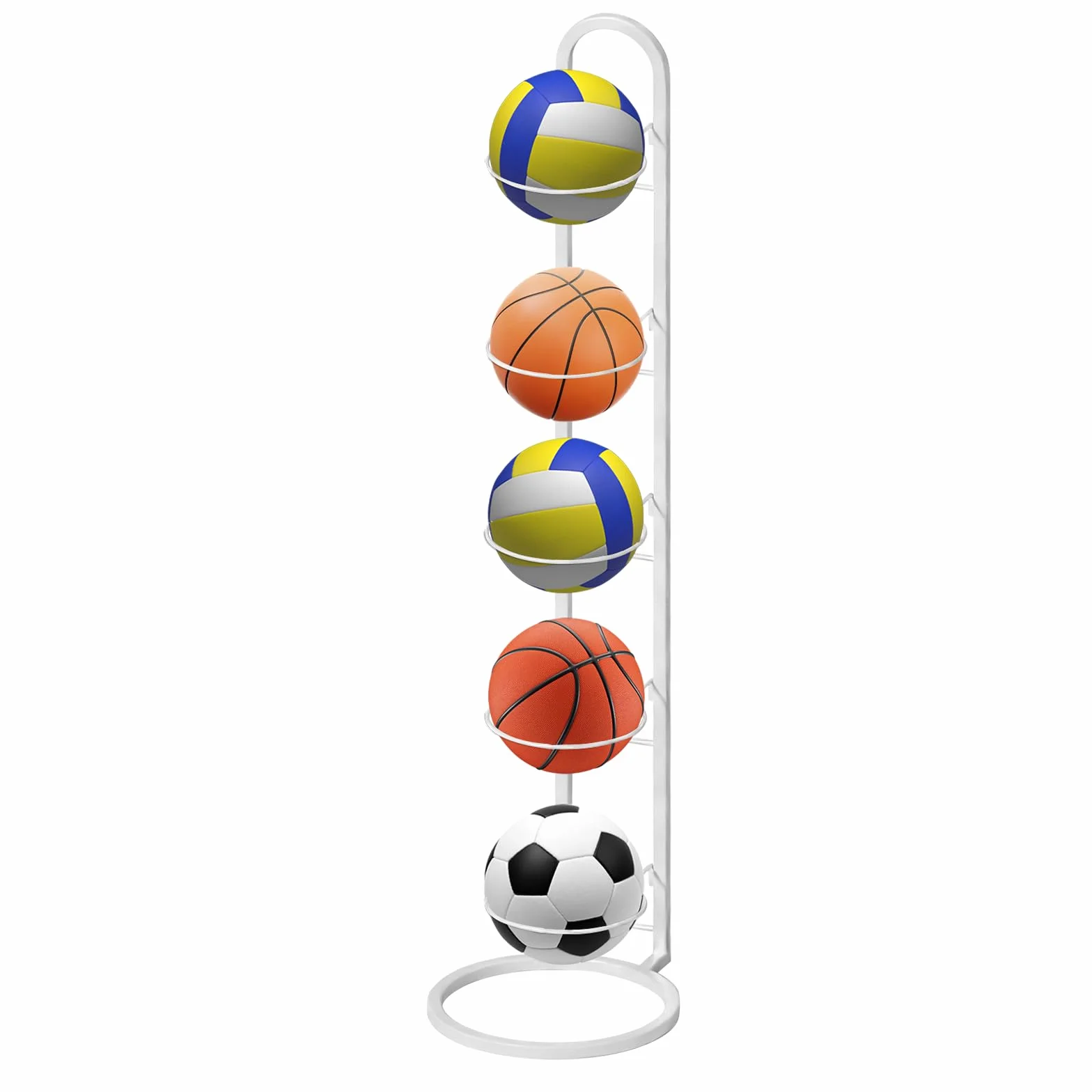 LURICO Soporte de bola vertical de 5 niveles, estante de almacenamiento para baloncesto, fútbol y voleibol (blanco)