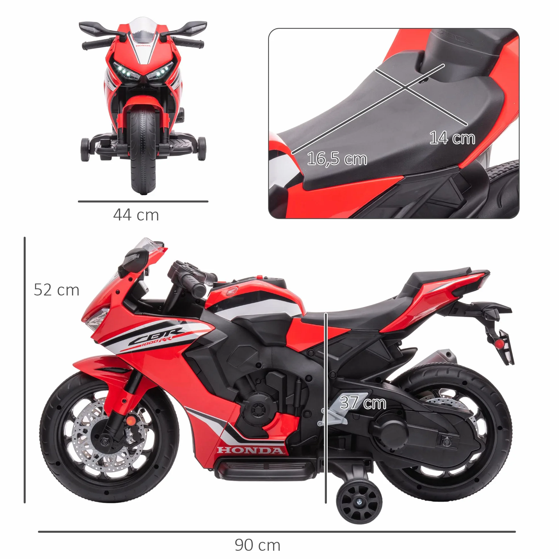 HOMCOM Moto Eléctrica con Licencia Honda para Niños de 3-5 Años Moto a Batería 6V con Faro Bocina Música y Ruedas Auxiliares Extraíbles Carga 30 kg 90x44x52 cm Rojo