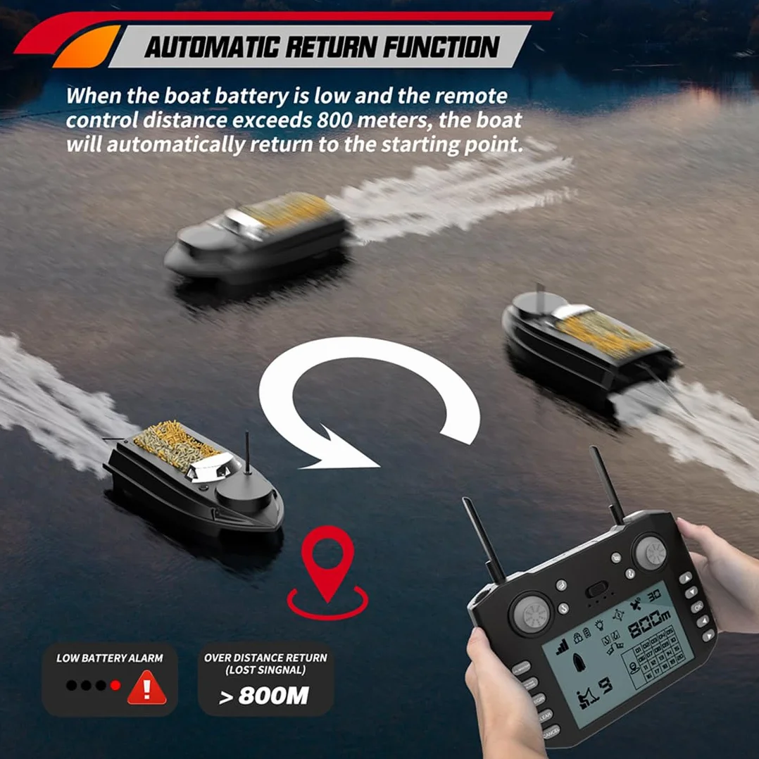 Barco de pesca RC con cebo, V030 12 V 2.4 G, barco de pesca RC de alta velocidad con posicionamiento GPS, control remoto de 800 m, 180 puntos de referencia GPS, carga útil de 3 kg, retorno automátic