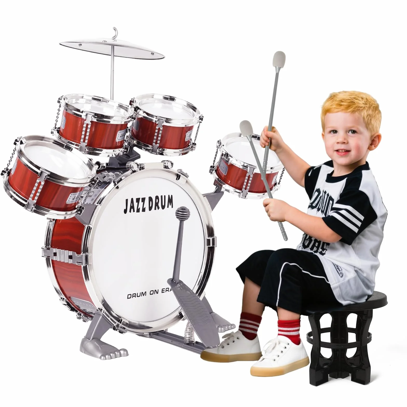 m zimoon Batería de música para niños Kit, Juego Tambor Jazz Junior 5 Tambores con Taburete para Instrumento Musical de Percusión Día ​Festivo Regalo uguete Educativo por Niños Y Niñas Principiantes
