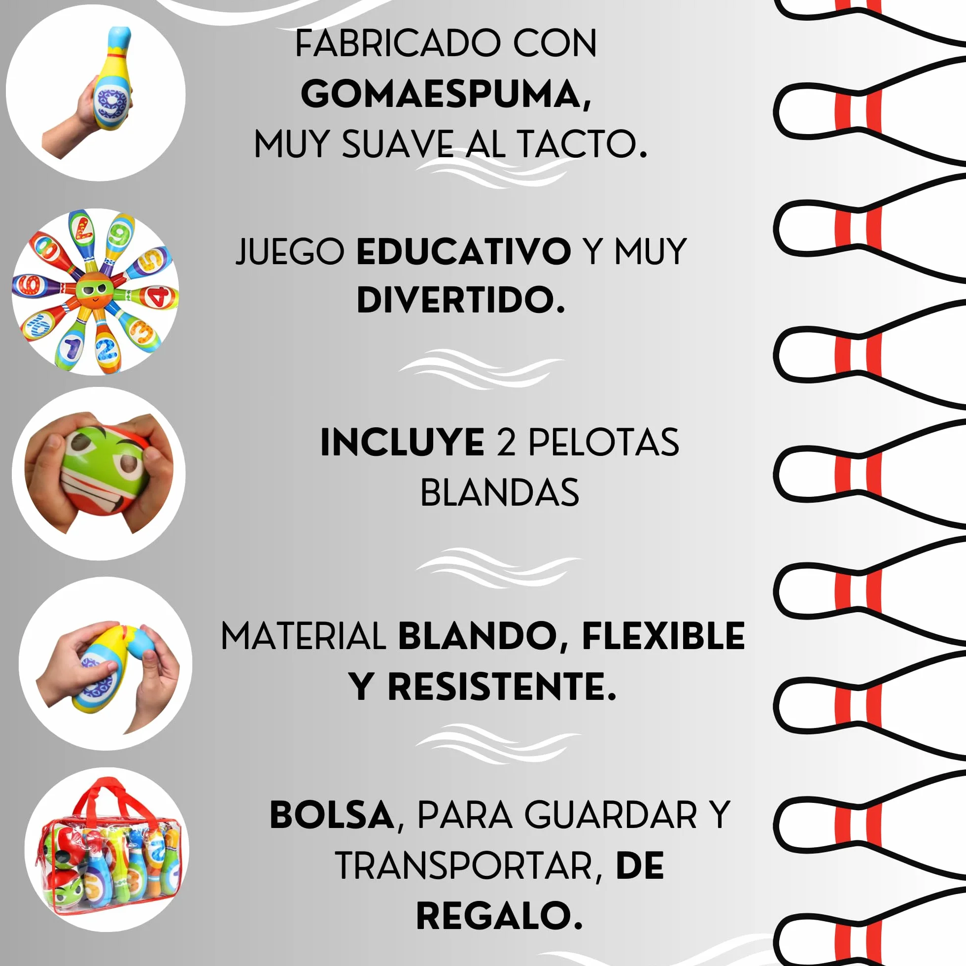 Juego de BOLOS INFANTILES - Juguetes niños 2 años a 4. BLANDO Y SEGURO. 10 Bolos de Gomaespuma de 14cm + 2 Bolas | Incluye Bolsa de Transporte. Para interior y exterior | Regalo niño 2 años a 4 |