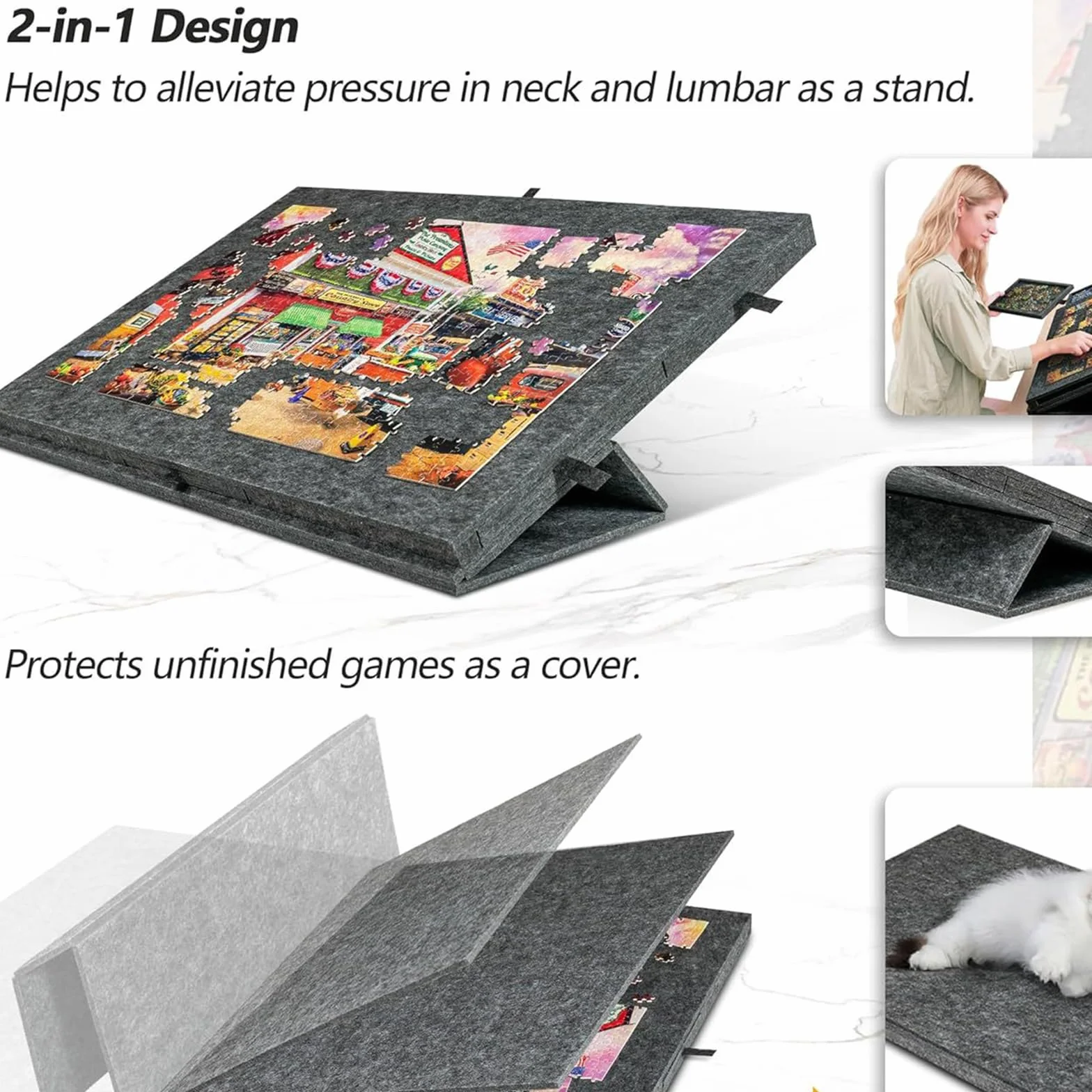 Tablero de rompecabezas, soporte plegable ajustable, tapete portátil con cubierta y 6 cajones, tablero de rompecabezas con 4 bandejas de clasificación plegables para hasta 1000 piezas (gris oscuro)