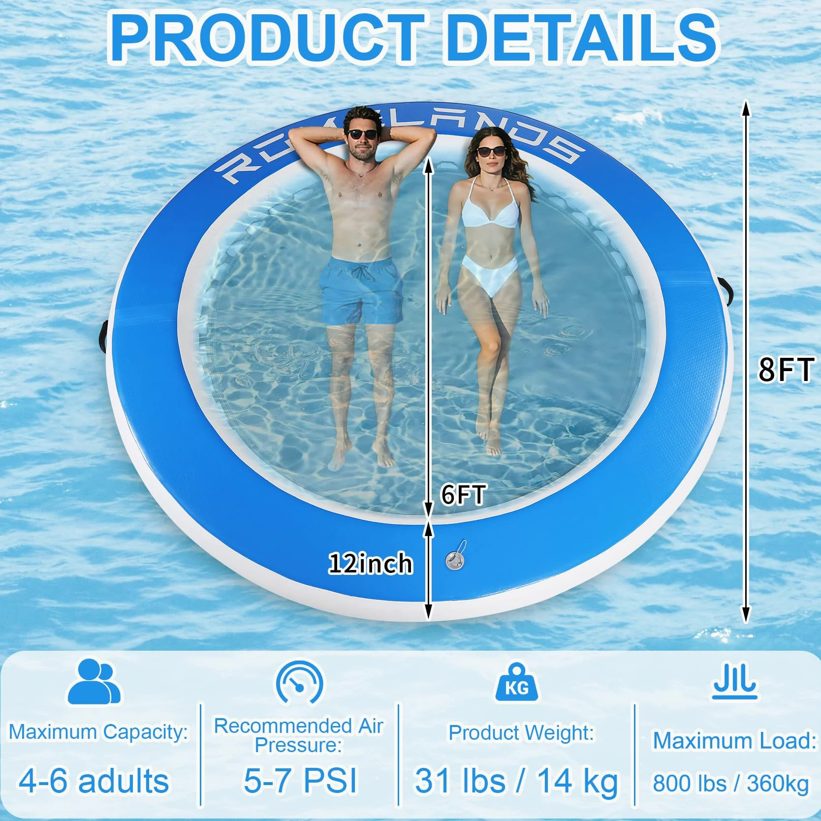 Hamaca hinchable de 245 cm, anillo de natación redondo como plataforma flotante para fiestas de verano, plataforma de natación para lagos, piscinas y el mar