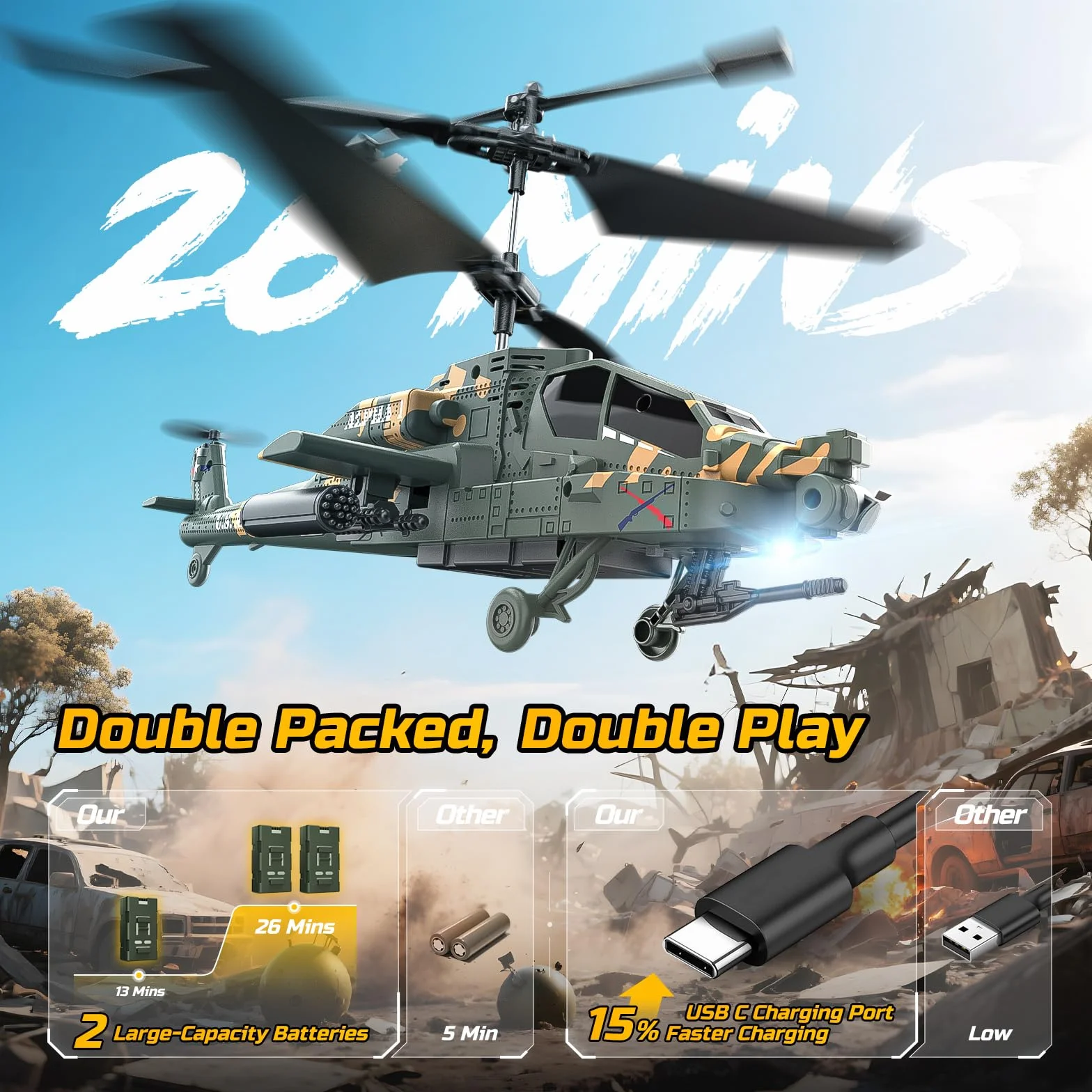 DEERC Helicóptero RC para Adultos y niños, helicóptero Militar Control Remoto 2.4 GHz, 2 baterías, 26 Minutos de Vuelo, Luces LED, retención altitud, despegue con una Sola tecla, Apto para Interiores