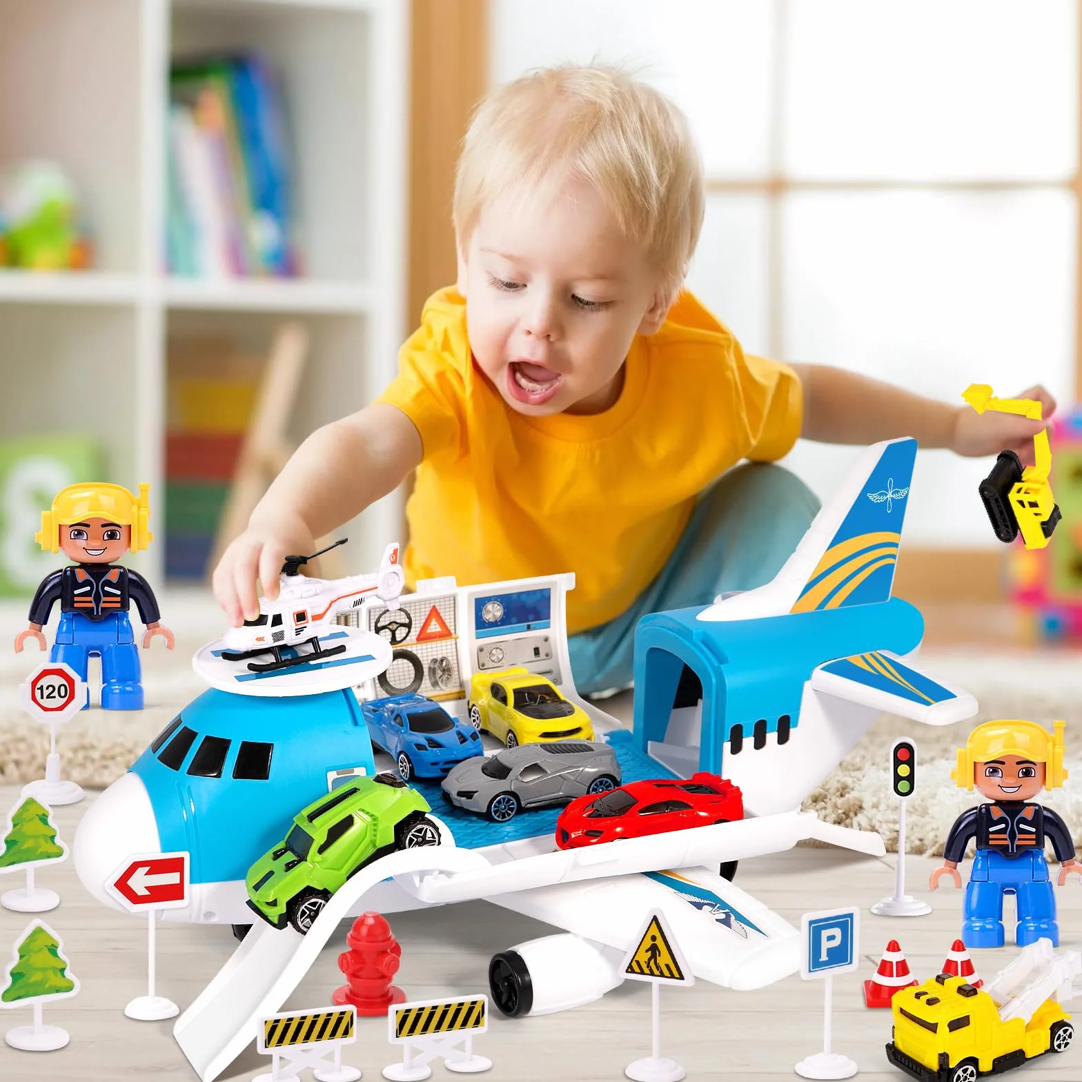 Aviones de Juguete,Juego Avión de Transporte,Juego de Juguetes de Avión con 7 Coches de Juguetes y 1 Helicóptero, Juegos y Juguetes Niños Educativos, Regalo para Niños y Niñas Mayores 3 Años