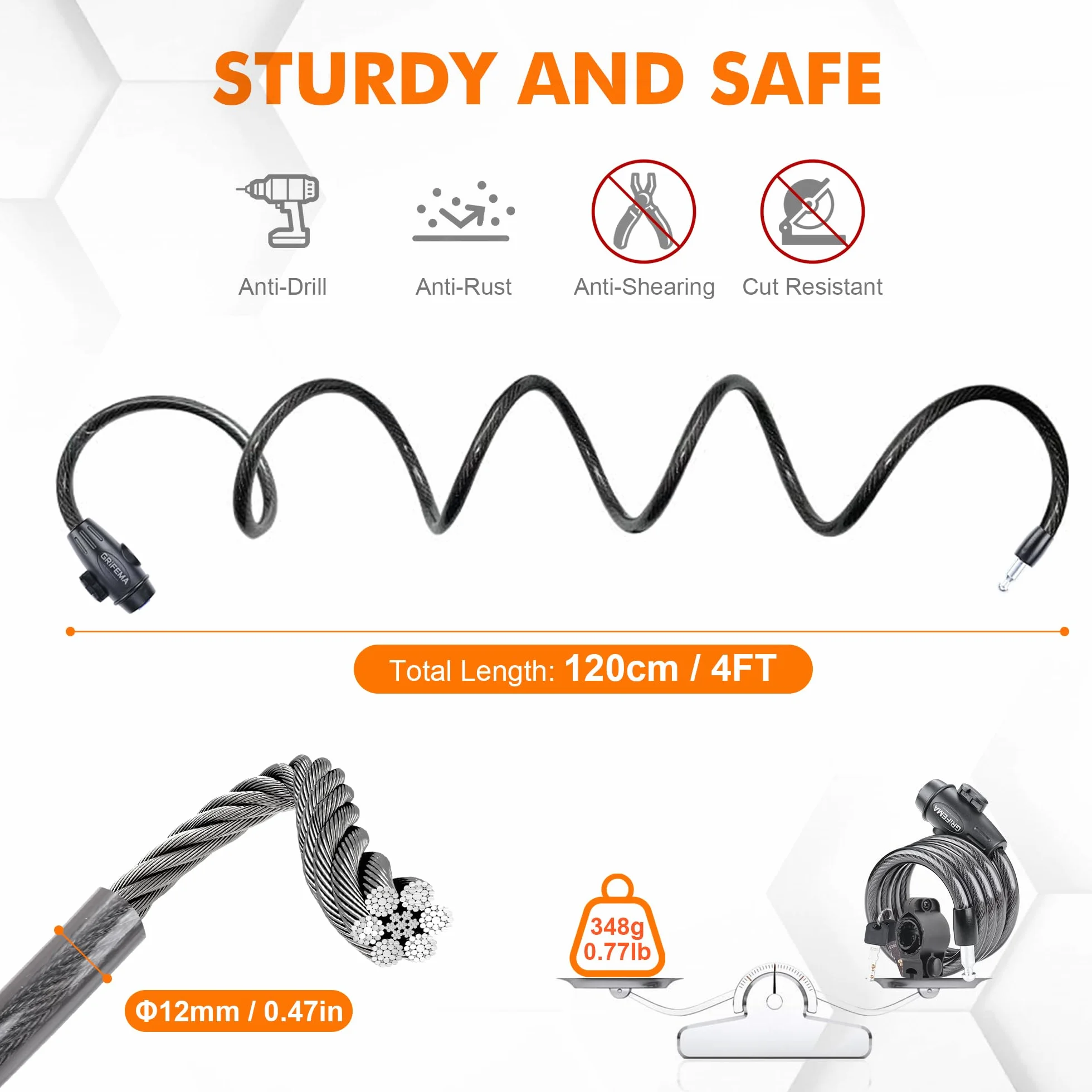 GRIFEMA GA1204-12 Candado de Bicicleta Antirrobo con Llave, Cable 120cm, Negro