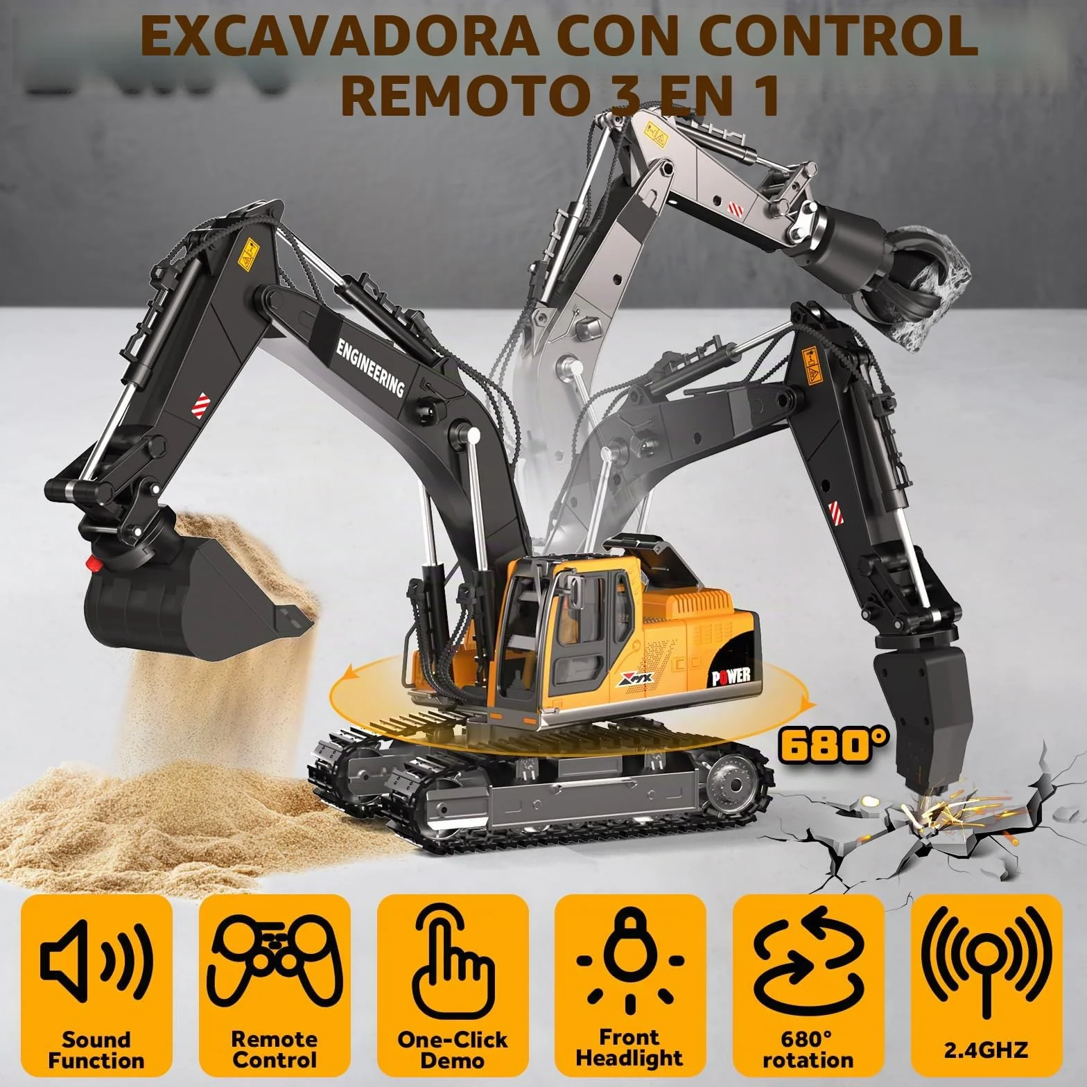 GraceDuck Excavadora Juguete RC 2.4GHz 3 en 1 Control Remoto Pala Aleación Trituradora Garra Giro 680°