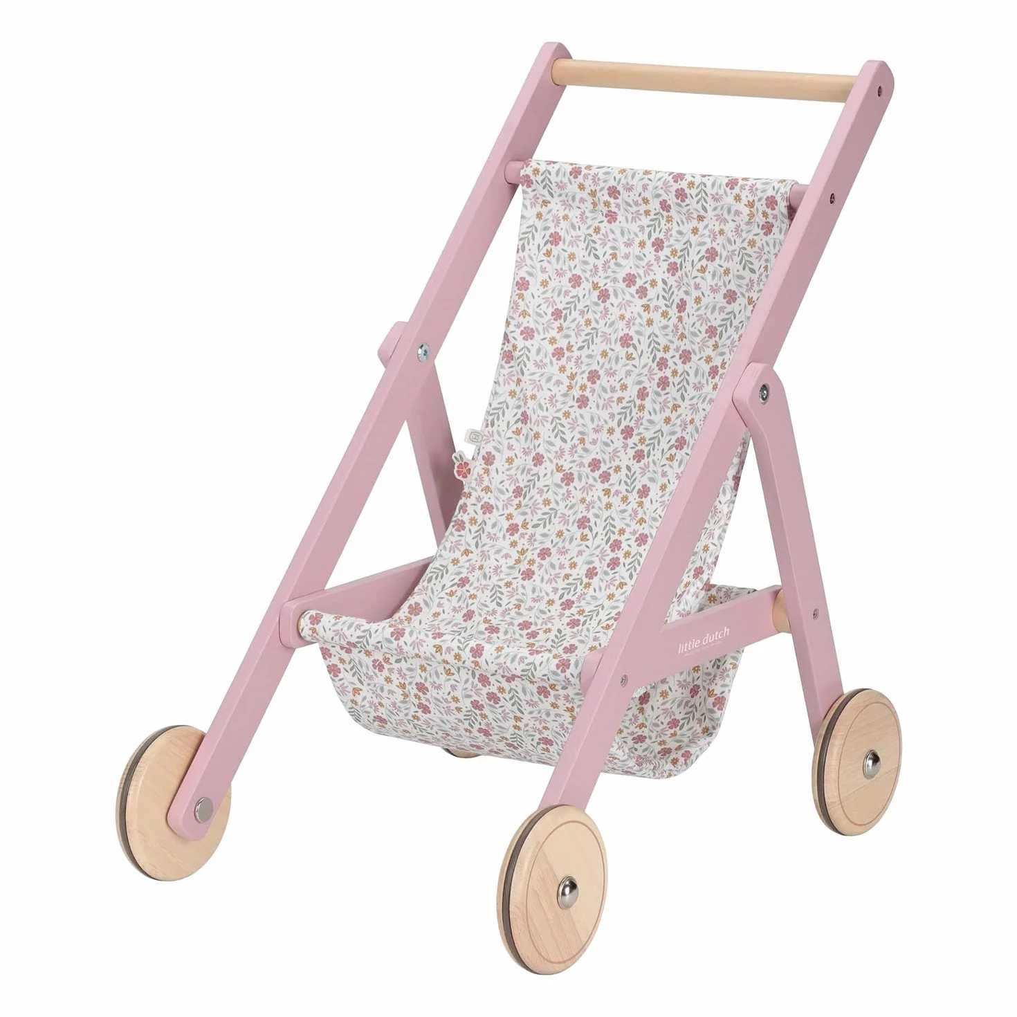 Little Dutch Cochecito de muñecas de madera con compartimento para muñecas de 33-46 cm, Soft Flowers, rosa