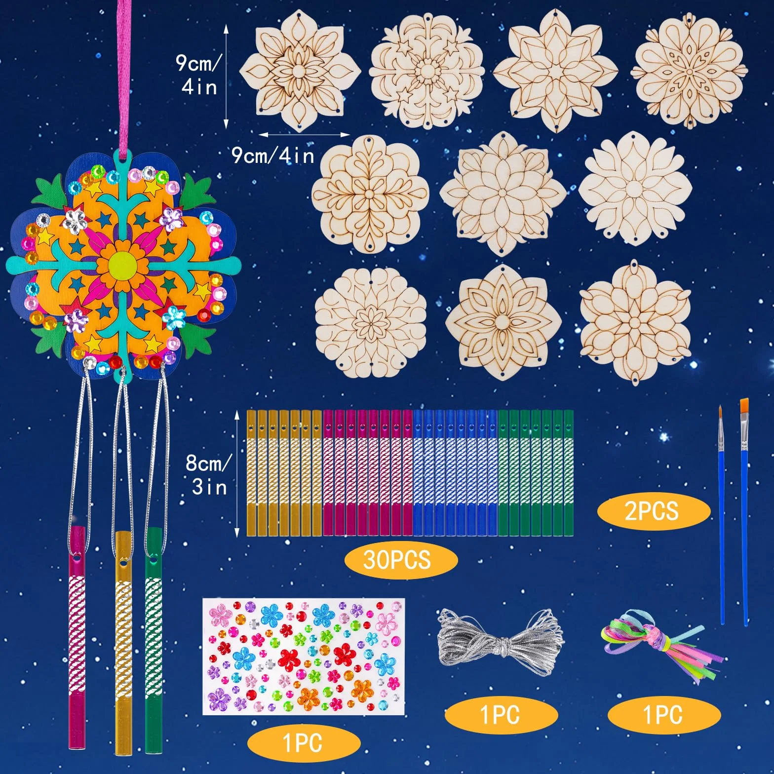 Juego de 10 carillones de viento para niños, manualidades, madera, carillones de viento para niños, mandala, juegos de manualidades de madera, decoración de jardín, creativos, para invitados, fiestas