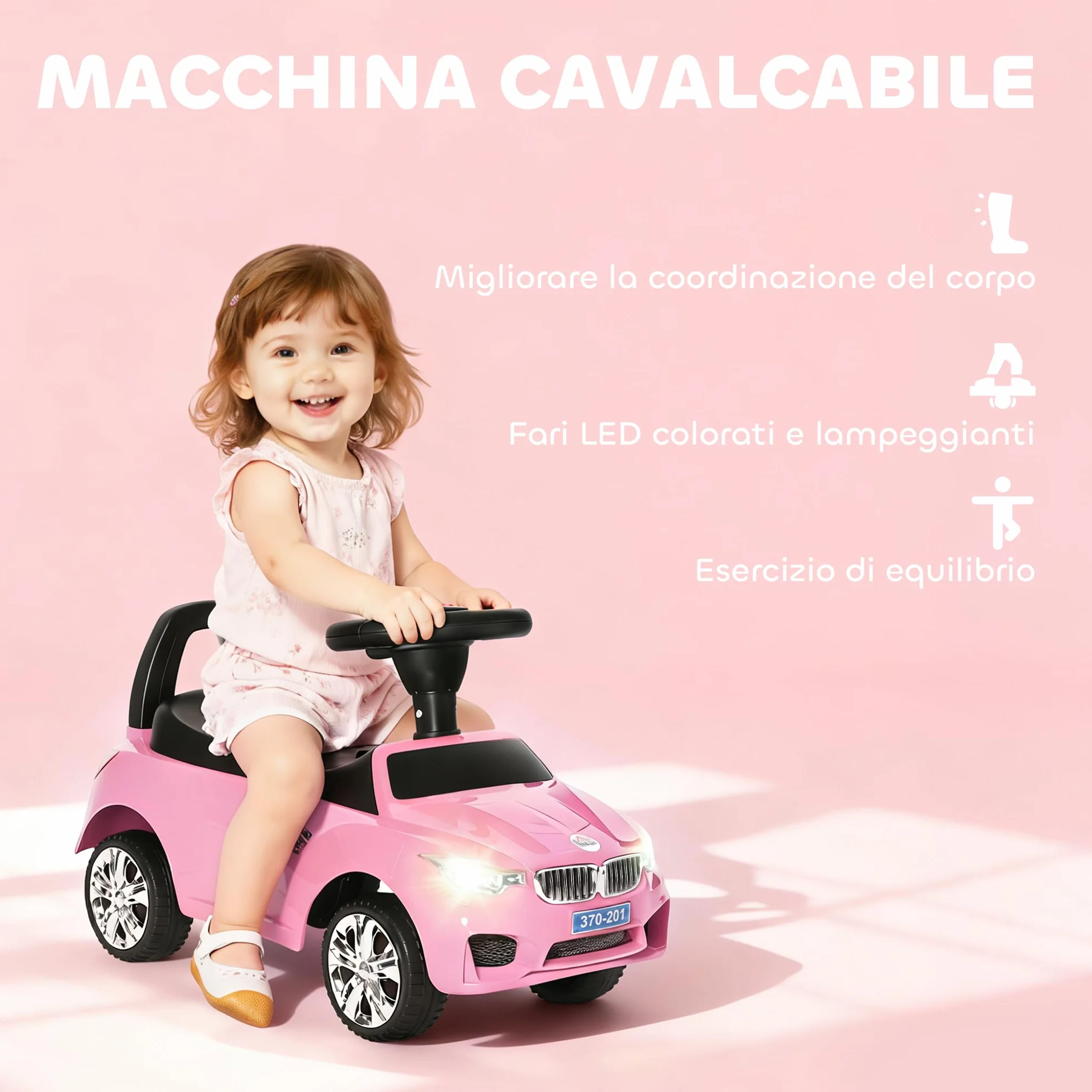 HOMCOM Coche Correpasillos para Niños de 18-36 Meses Andador Correpasillos con Faros Música Bocina Volante Espacio de Almacenaje y Asa para Empujar 63,5x28x36 cm Rosa