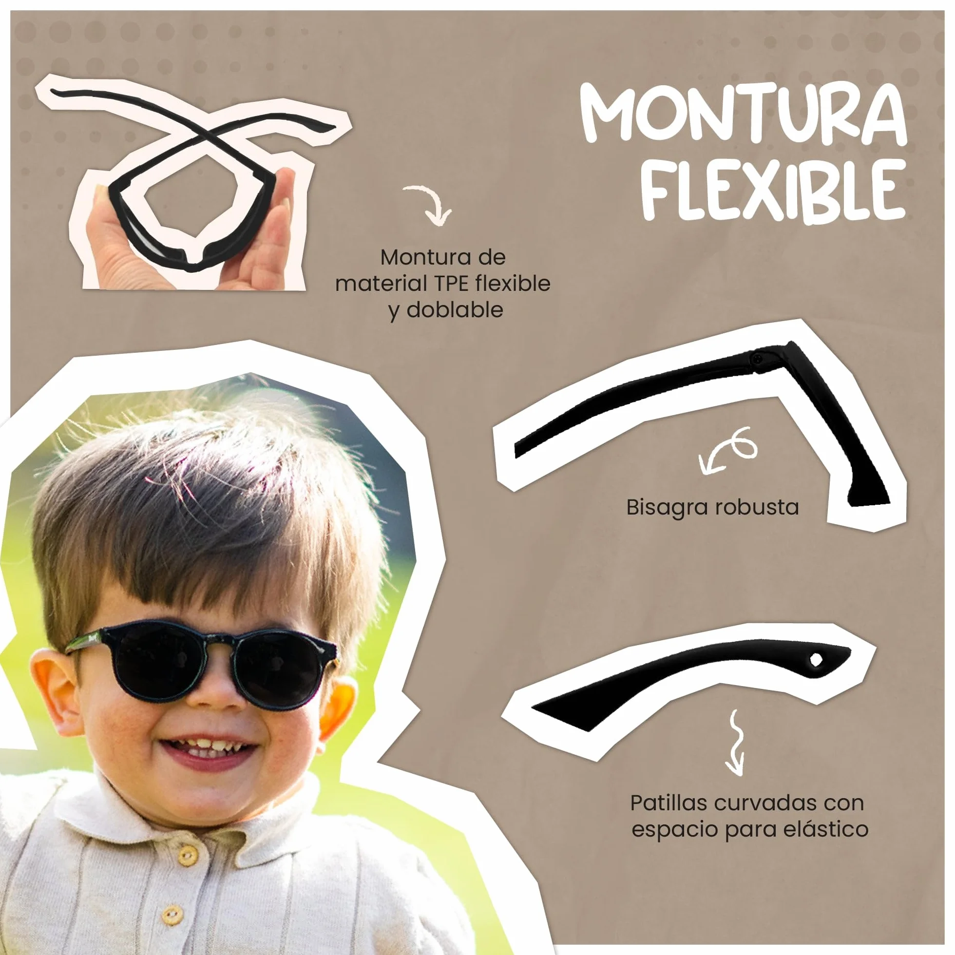 Gafas de Sol Polarizadas UV400 para Bebé y Niño 1-3 Años Montura Flexible Bowi
