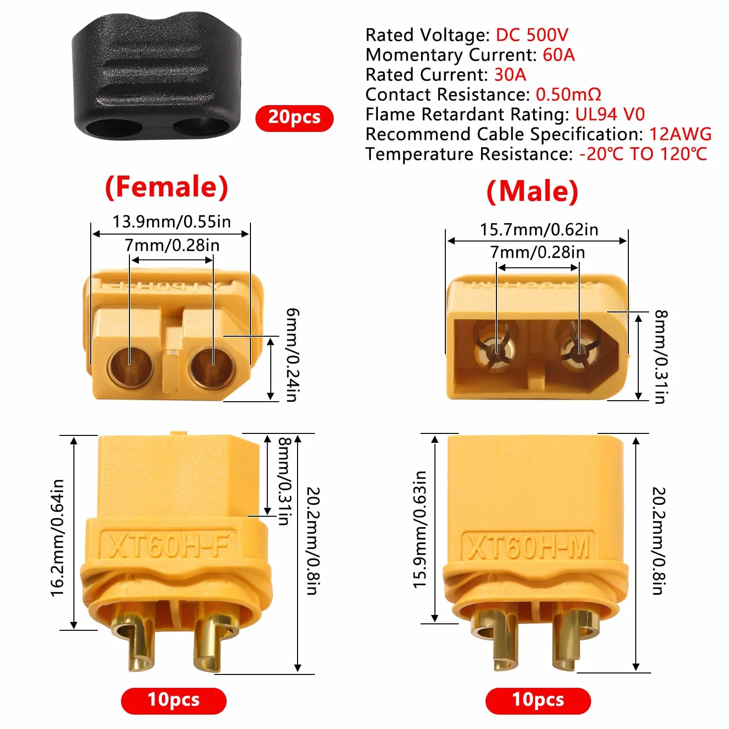YIXISI 10 Pares XT60 XT60H Conectores de Batería, XT60H Conectores Macho Hembra, XT60H Conectores de Bala Macho Hembra, con Sheath, para Batería RC Lipo