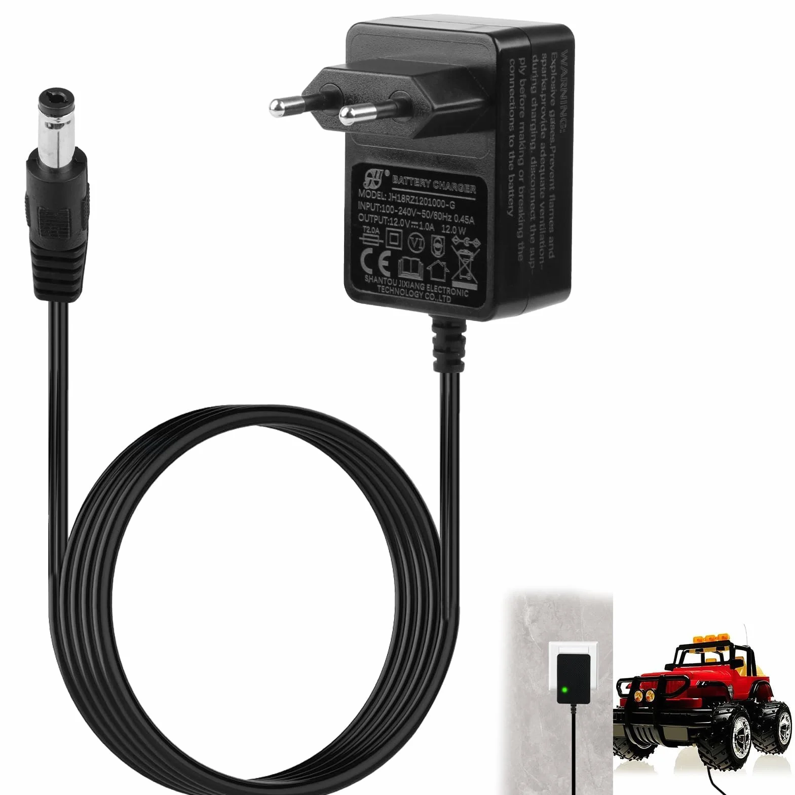 12V 1A Cargador para Coches Eléctricos Niños, Adaptador de Corriente EU para Juguetes Eléctricos SUV, ATV, Moto, Quad, Tractor y Otros 12V 1000mA Vehículos Infantiles, Cable 1.5 m Negro