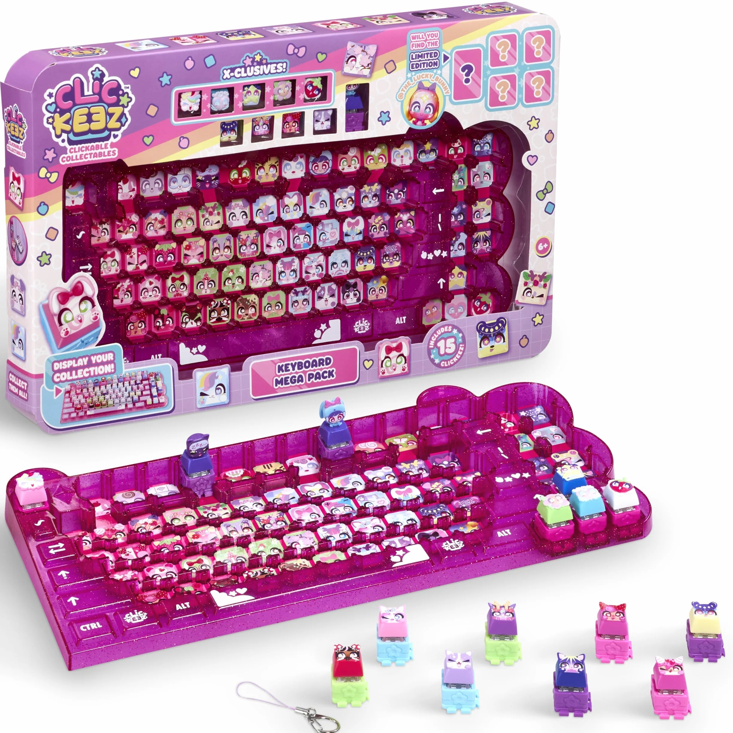 Goliath - CLICKEEZ Keyboard MegaPack - 1 Teclado + 15 Teclas Keycaps Kawaii para Hacer Clic + 1 Llavero - Keycaps para Encajar - 70 Personajes - Juguete Fidget ASMR - Idea de Regalo Desde los 6 años