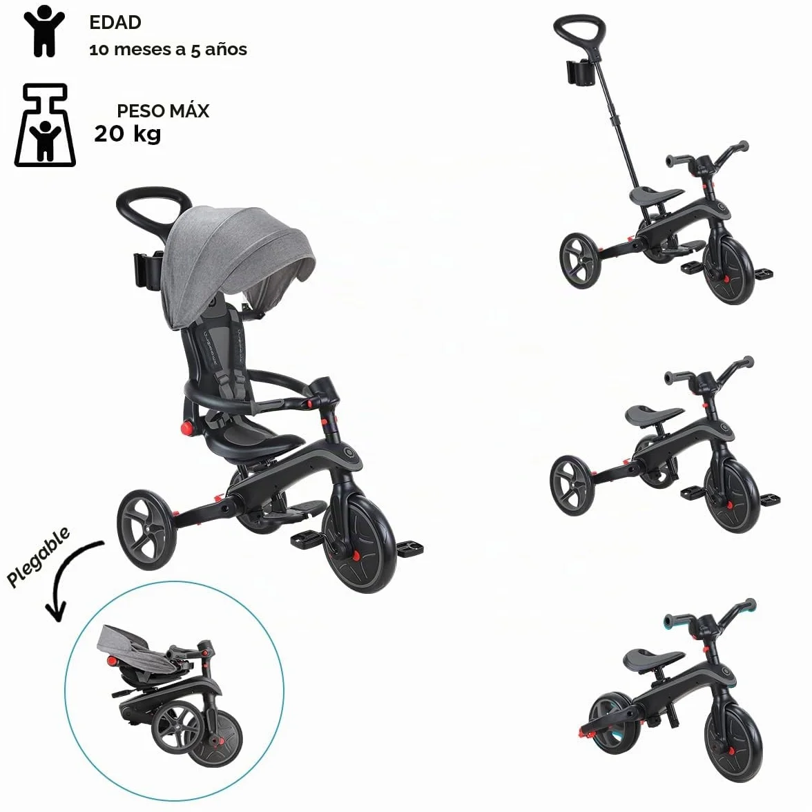 Globber Tricycle Explorer 4 en 1 - Triciclo Plegable y escalable en draisiana para niños de 10 Meses a 5 años