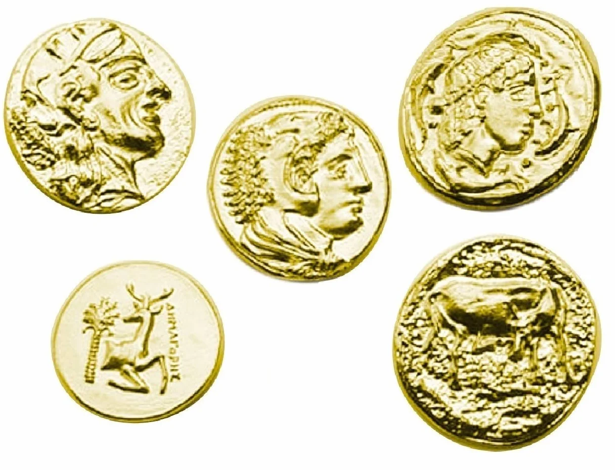 Eurofusioni Monedas Griegas Antiguas chapada de Oro - Reproducción Tetradrachm - Set 5 Piezas
