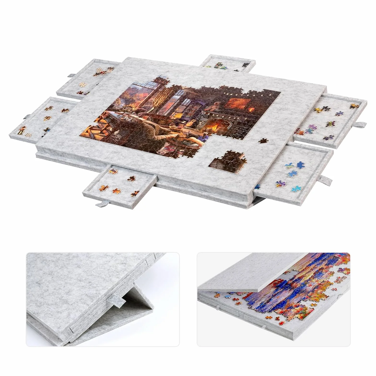 1000 Piezas Mesa de Rompecabezas con 6 Cajones, Mesa de Puzle Portátil, Puzzle Board de Fieltro Ligero, Rompecabezas de Caballete para Niños y Adultos (Gris)