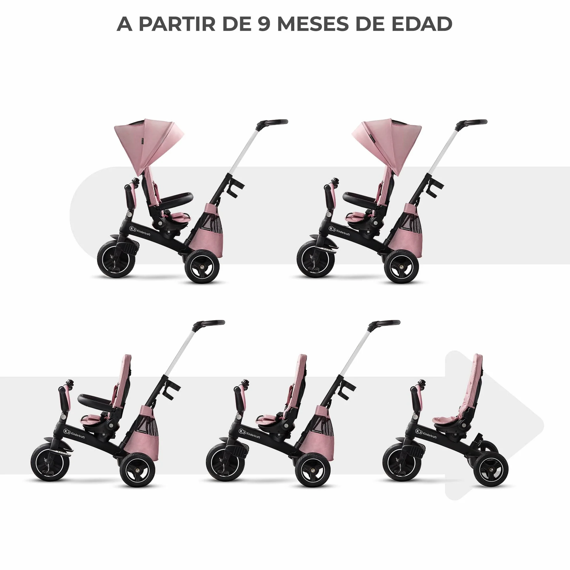Kinderkraft EASYTWIST Triciclo Infantil, con Accesorios, Ventana de Techo, Cinturones de Seguridad, rotación de 360 Grados, Rueda Libre, Barra de Empuje, a Partir de 9 Meses hasta 5 años, Rosa