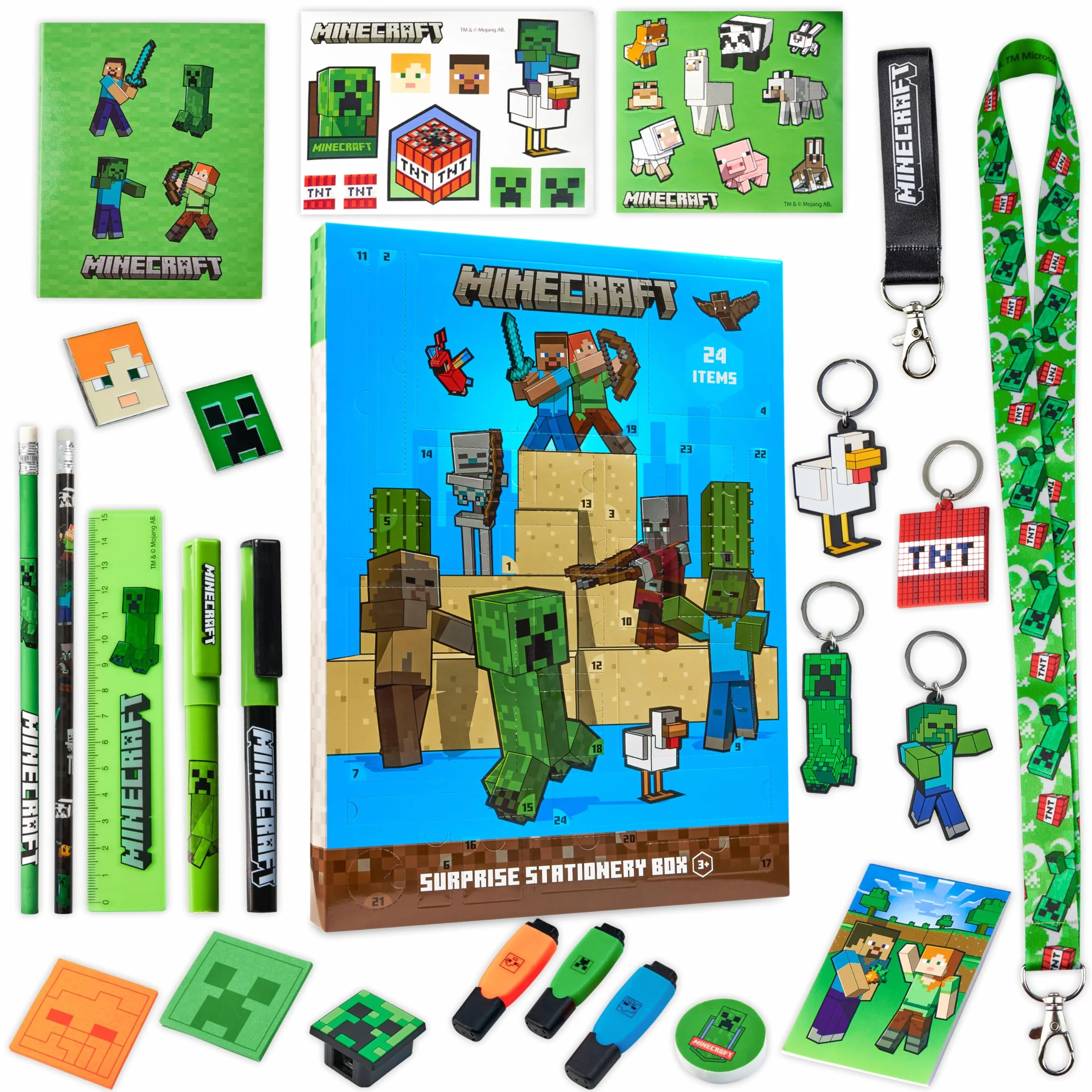 Minecraft Calendario Adviento 2025 Creeper Calendário Cuenta Atrás para Navidad Material Escolar Papelería y Accesorios Bolígrafos Pegatinas Llavero (Azul)