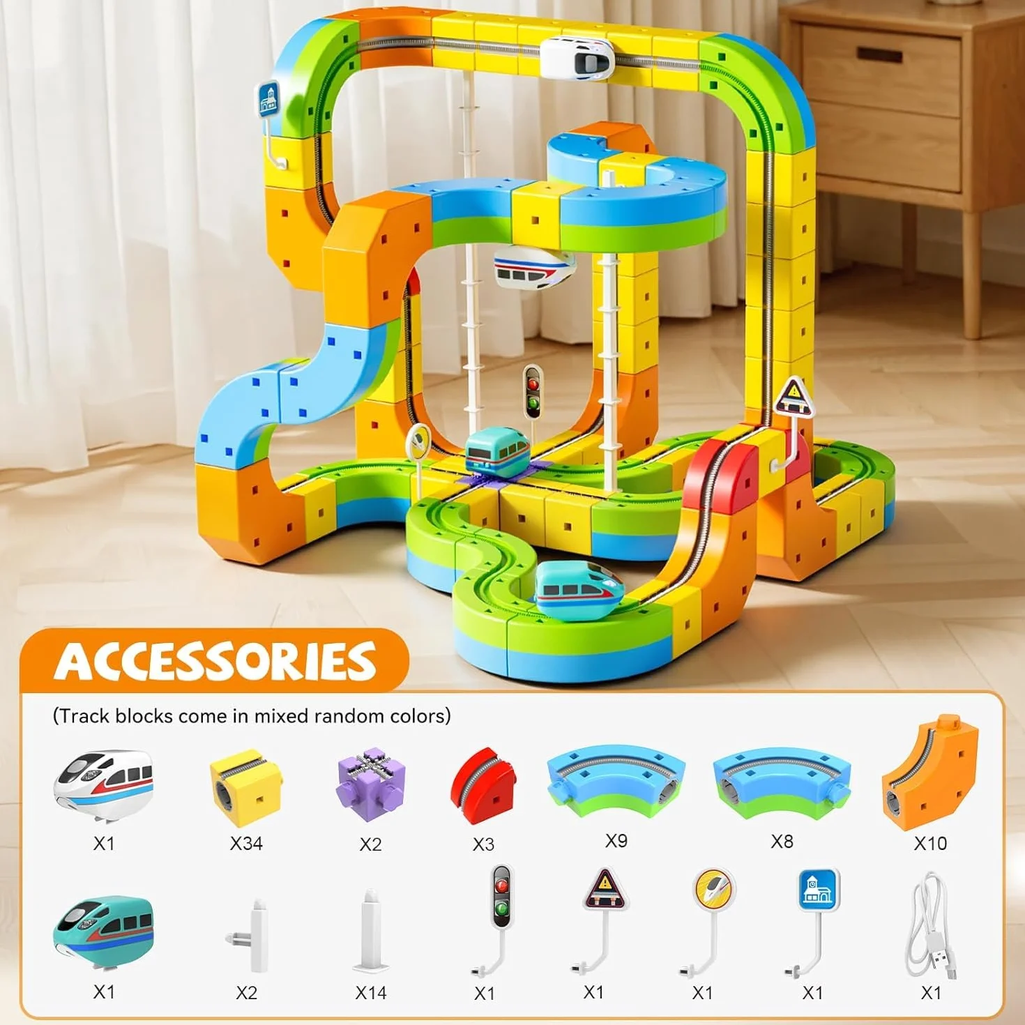 Umikk Clickrail Electric Train Set Flexible Race Track, Magic Rail Block, Magic Rail Block with Gravity Defying 3D, Flexible Race Car Magnetic Track Set, for Kids (Style 1 (88 Stück))
