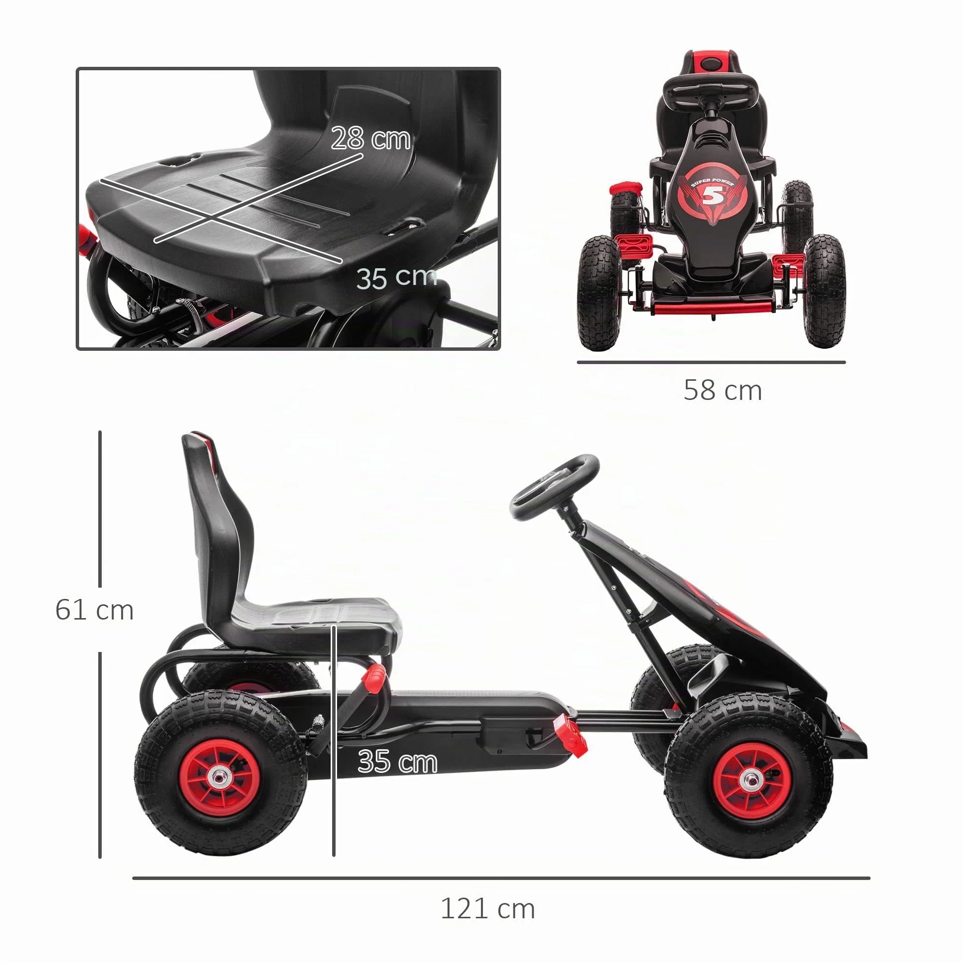 HOMCOM Go Kart a Pedali per Bambini 5-12 Anni con Sedile Regolabile, 50 kg Portata, Veicolo a Pedali per Bambini con Marcia, Avanti, Retromarcia, Freno a Mano e Ruote in EVA Antiscivolo, Rosso