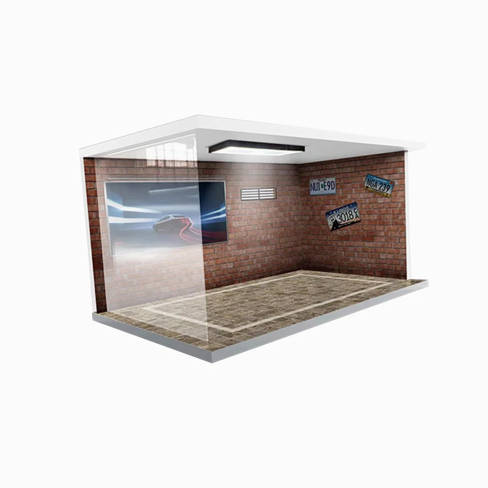 Milageto Modelos a Escala 1/18, Estuche de exposición para Coche, simulación de Garaje, estacionamiento con Luces, Escena de vehículo acrílico, Juguete, Ladrillos Rojos